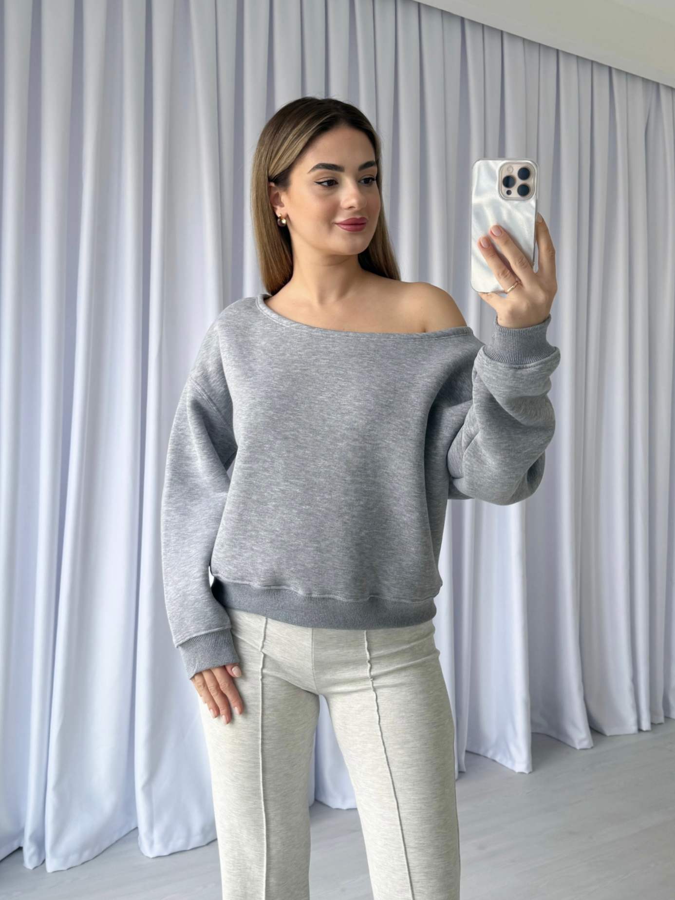 Kayık Yaka Sweatshirt - Gri