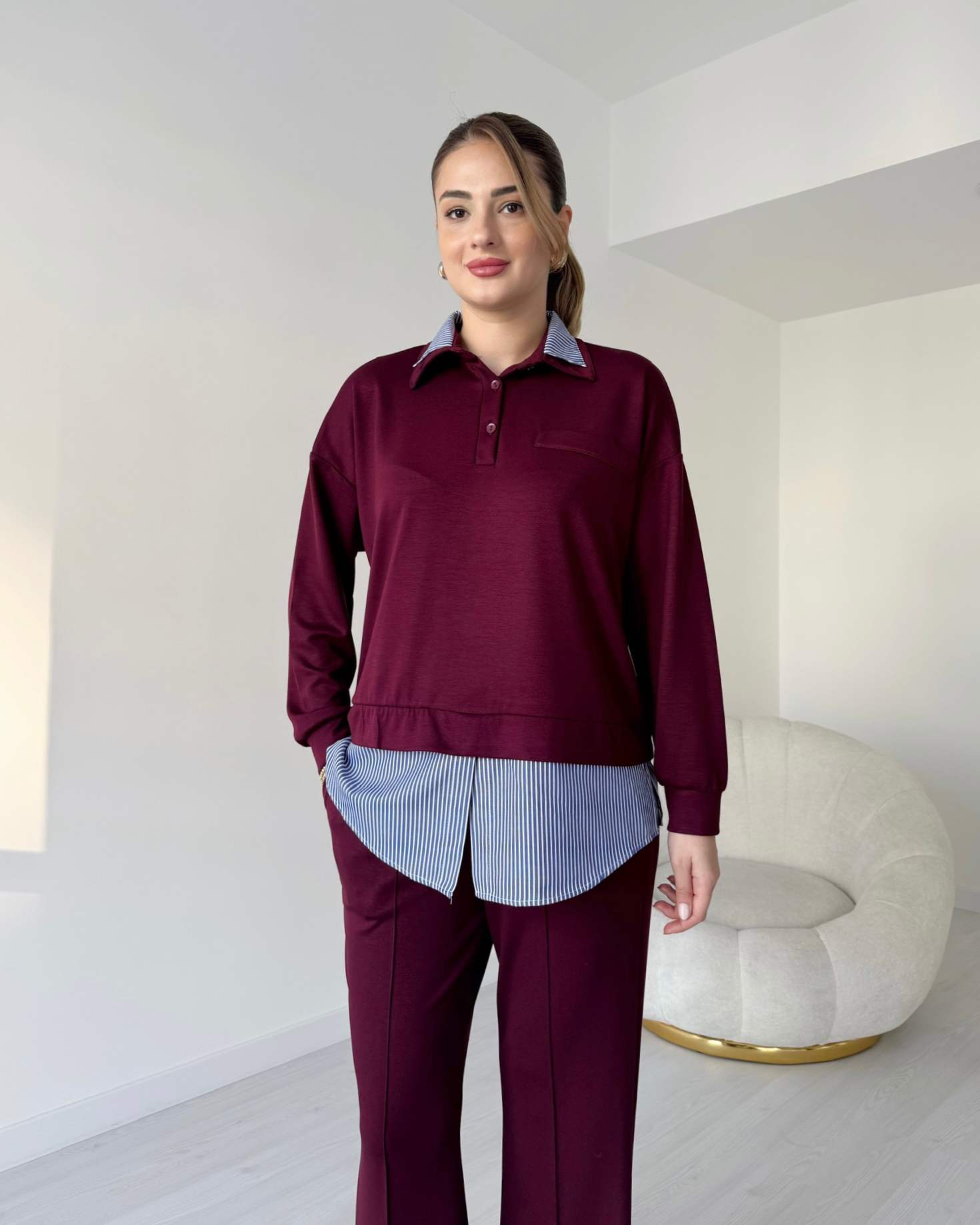 Gömlek Detaylı Premium Modal Takım - Bordo