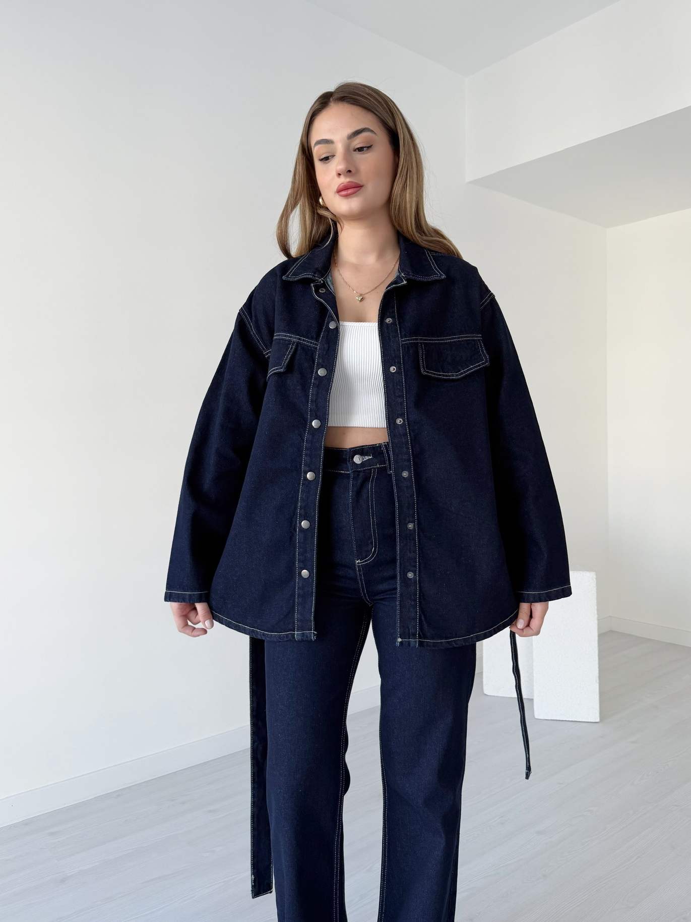 Kuşaklı Denim Ceket Pantolon Takım
