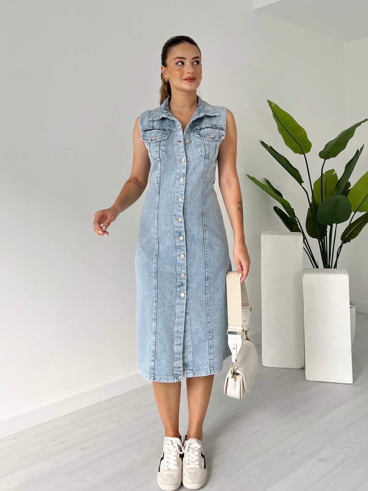 Sıfır Kol Önü Düğmeli Denim Elbise - Kar Yıkama