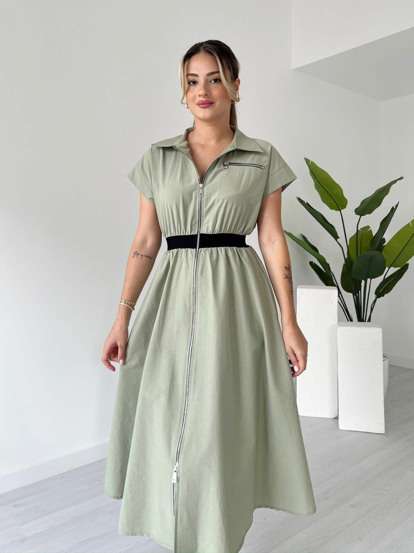 Beli Lastikli Poplin Elbise