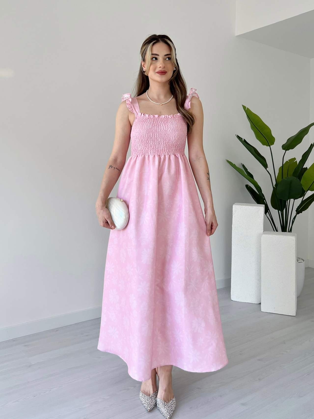 Soluk Efektli Gipeli Elbise - Pembe