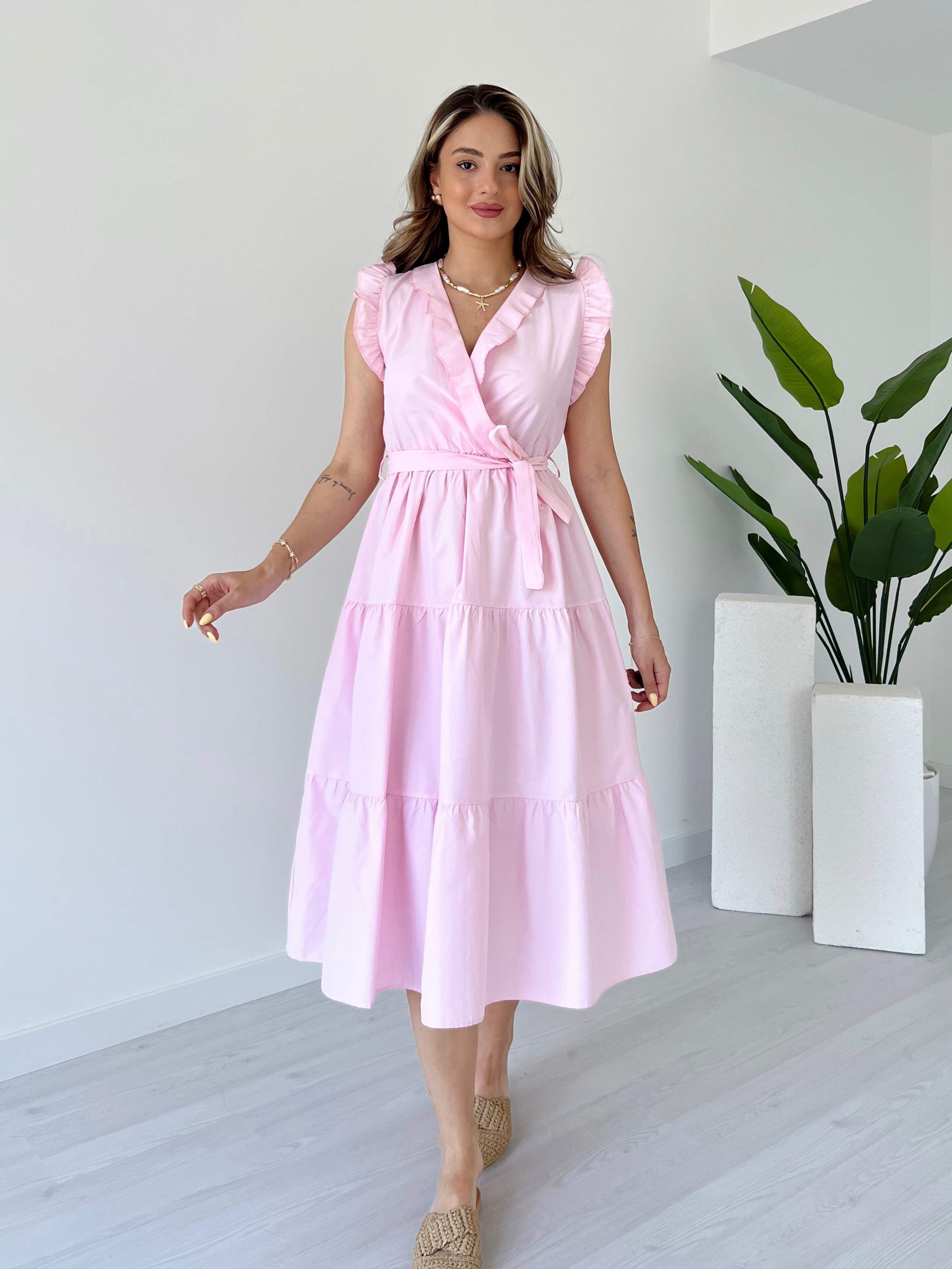 Yaka ve Kolları Fırfırlı Poplin Elbise - Açık Pembe