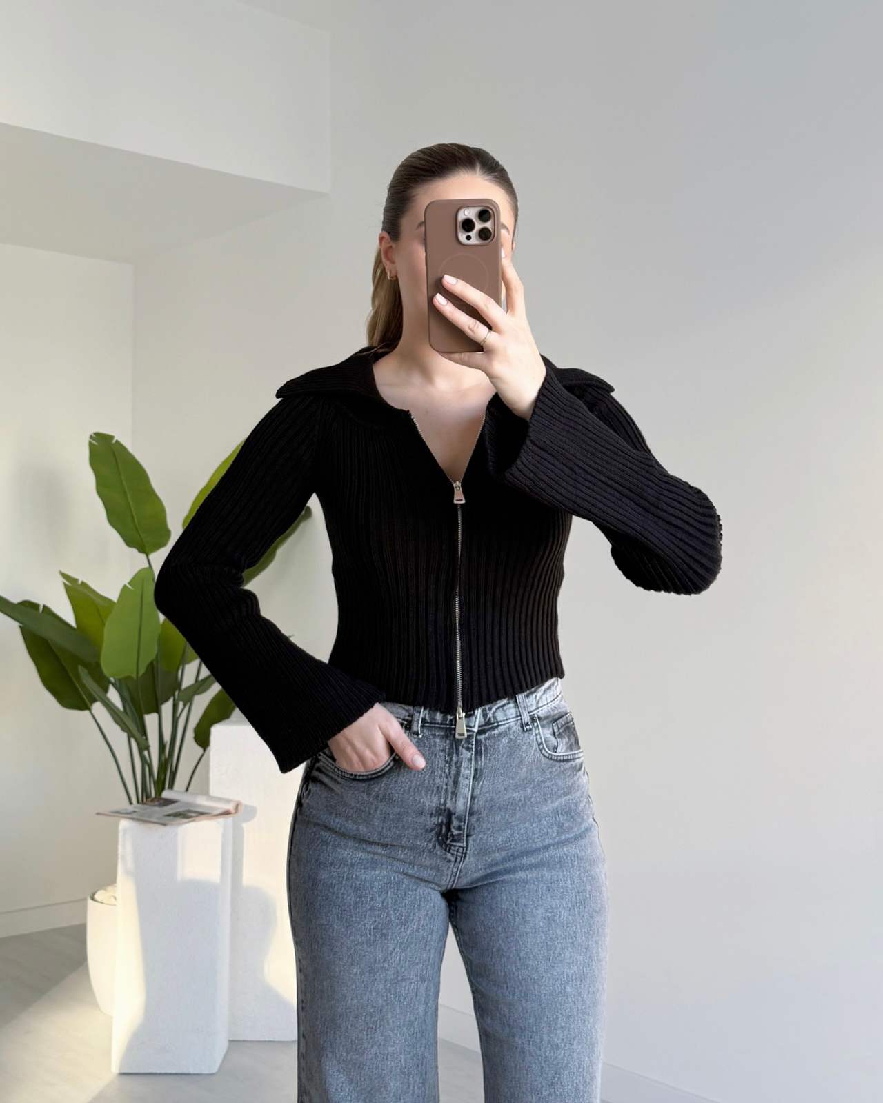 Çift Fermuarlı Geniş Yaka Hırka