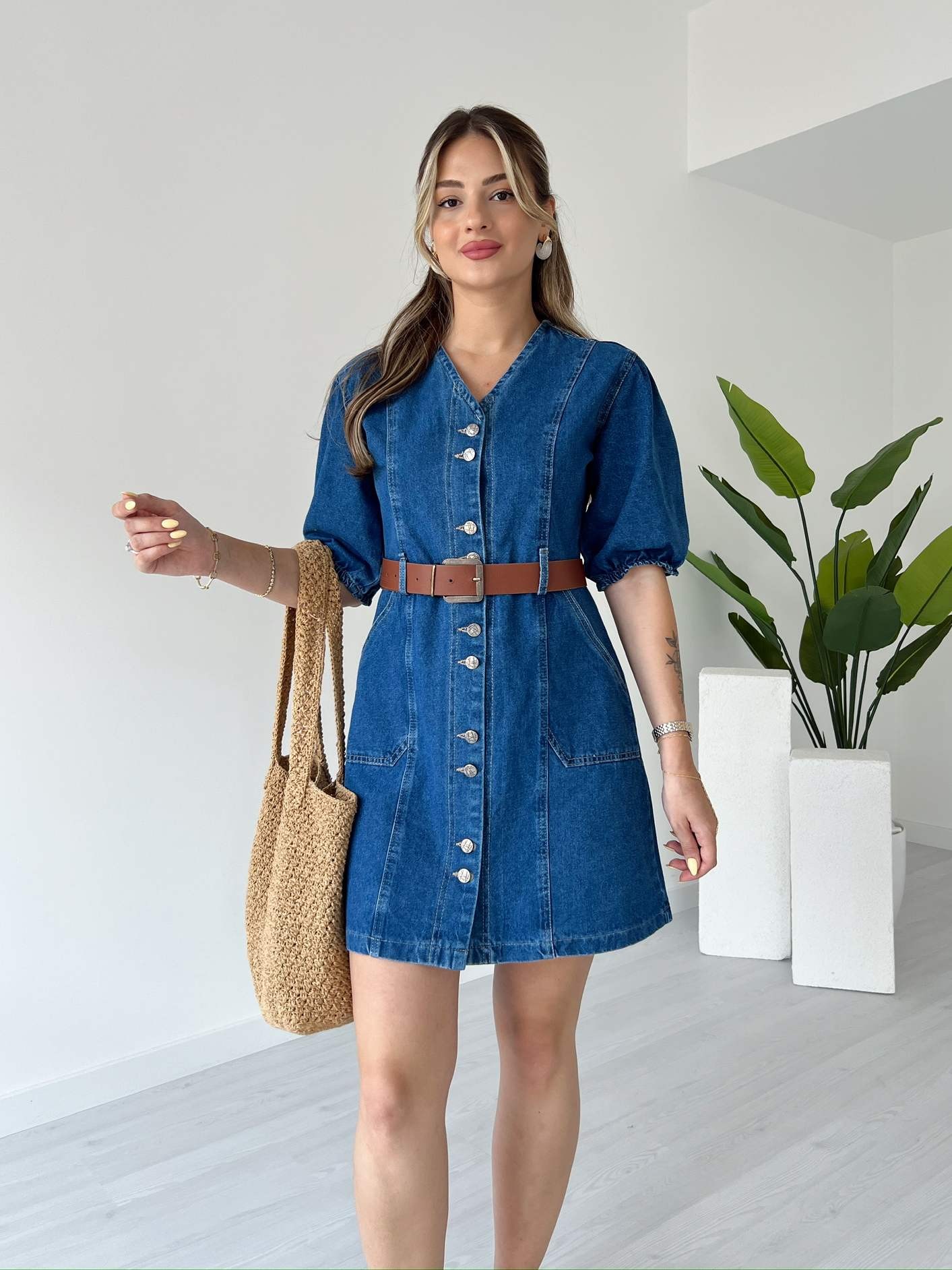 Karpuz Kol Kemerli Denim Elbise