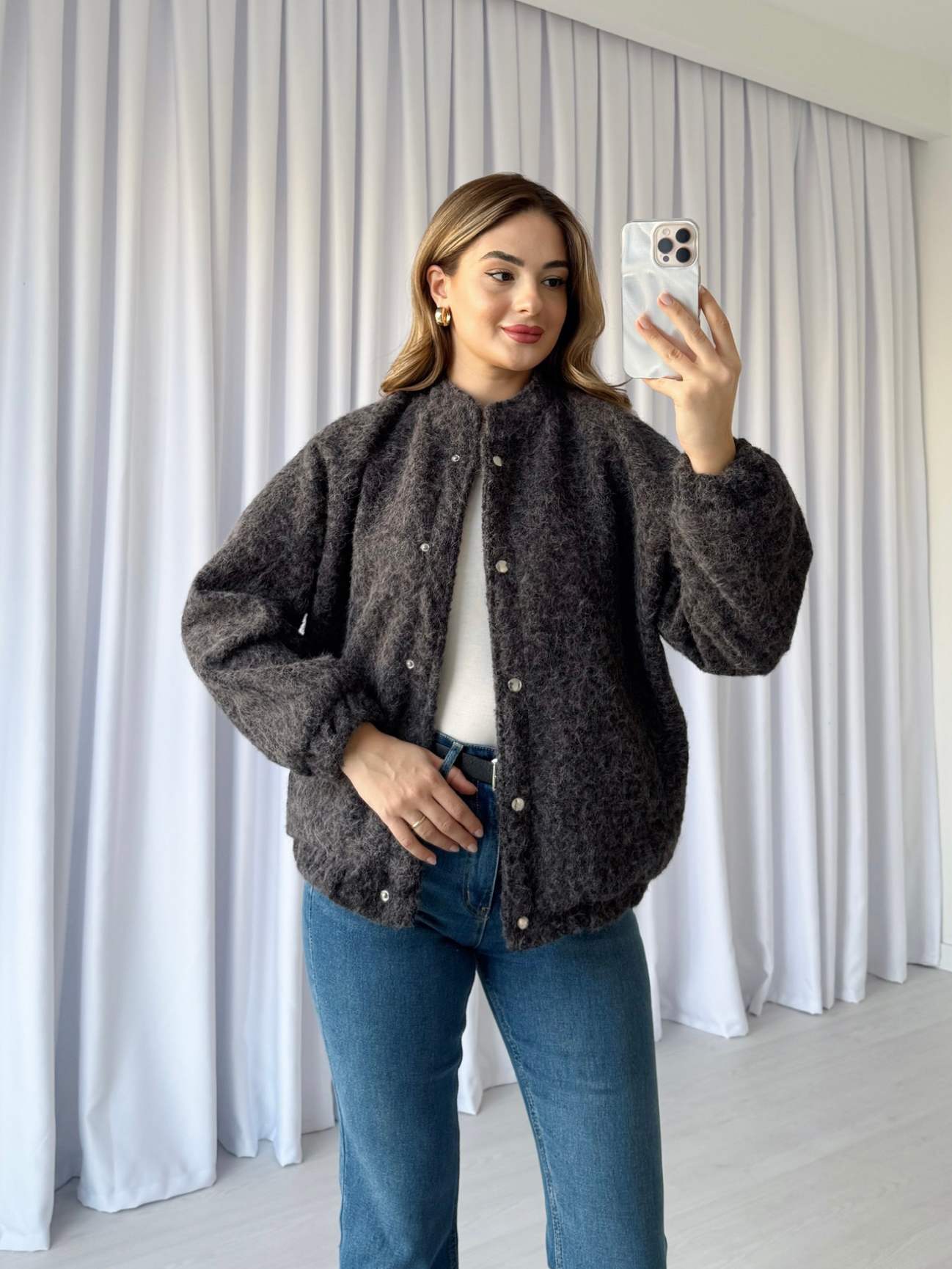 Kırçıllı Keçe Bomber Ceket - Antrasit