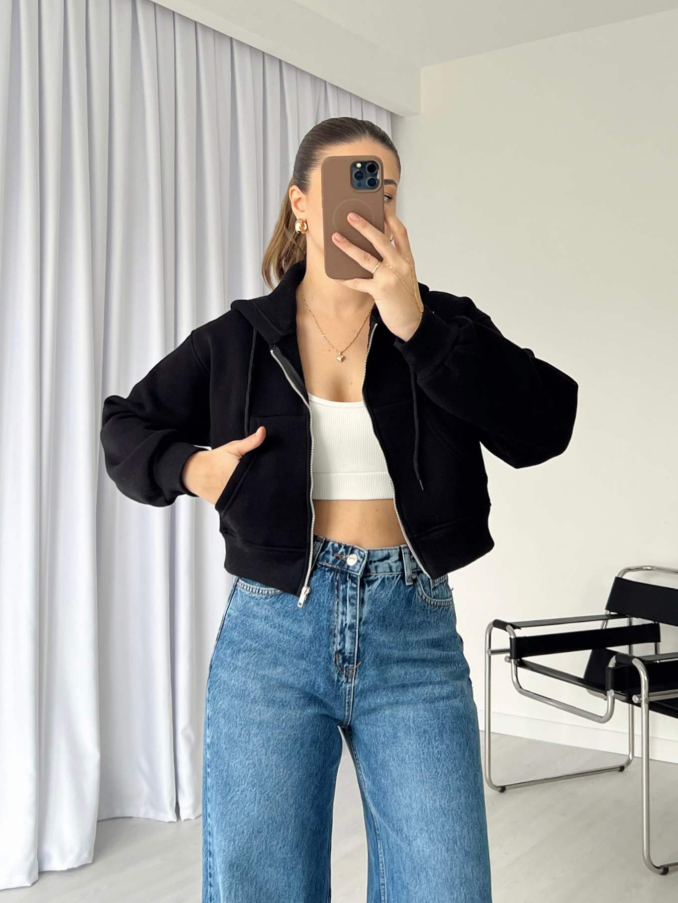 Fermuarlı Crop Basic Sweatshirt