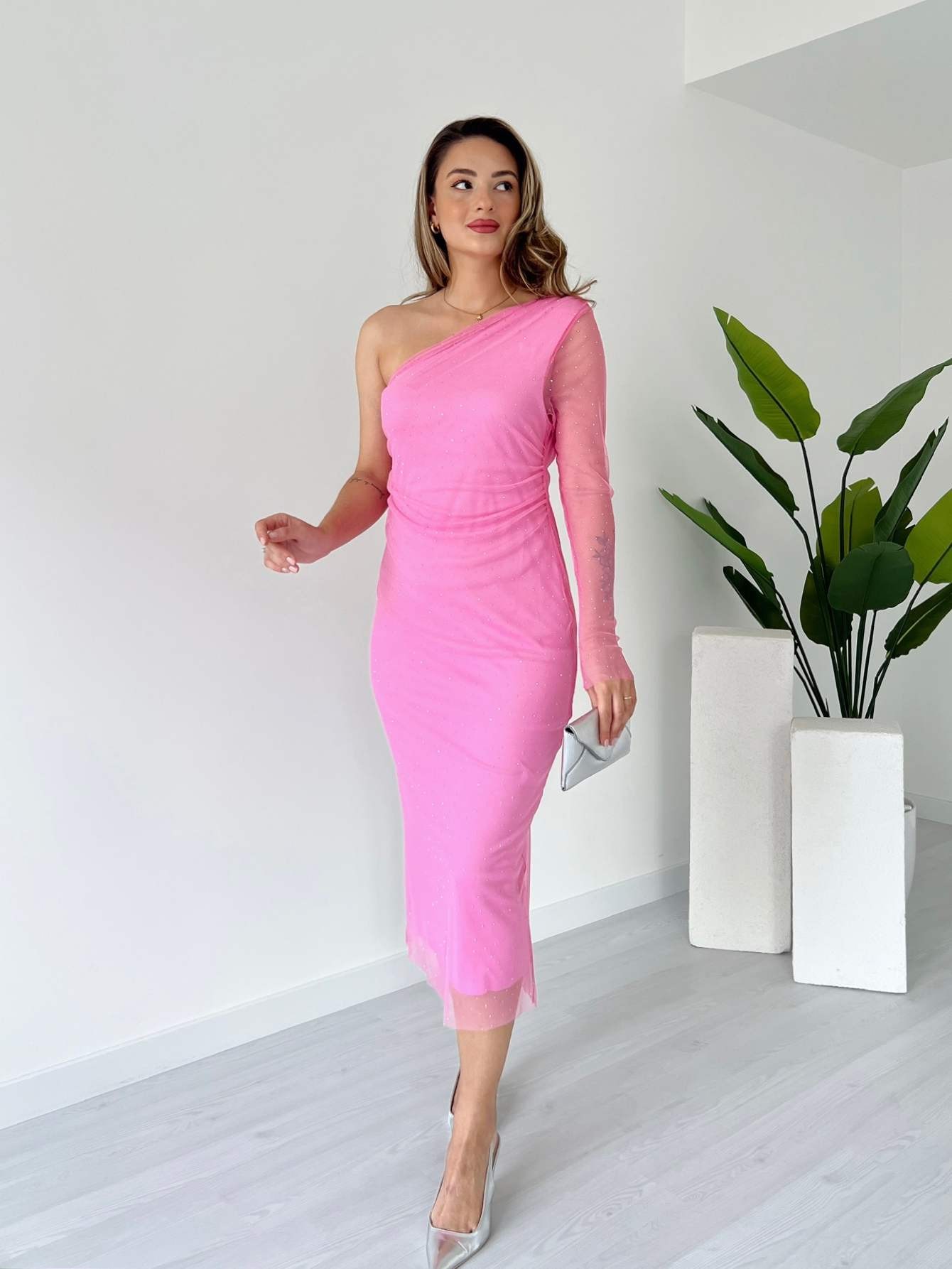 Tek Omuz Taş Süslemeli Tül Elbise - Pembe