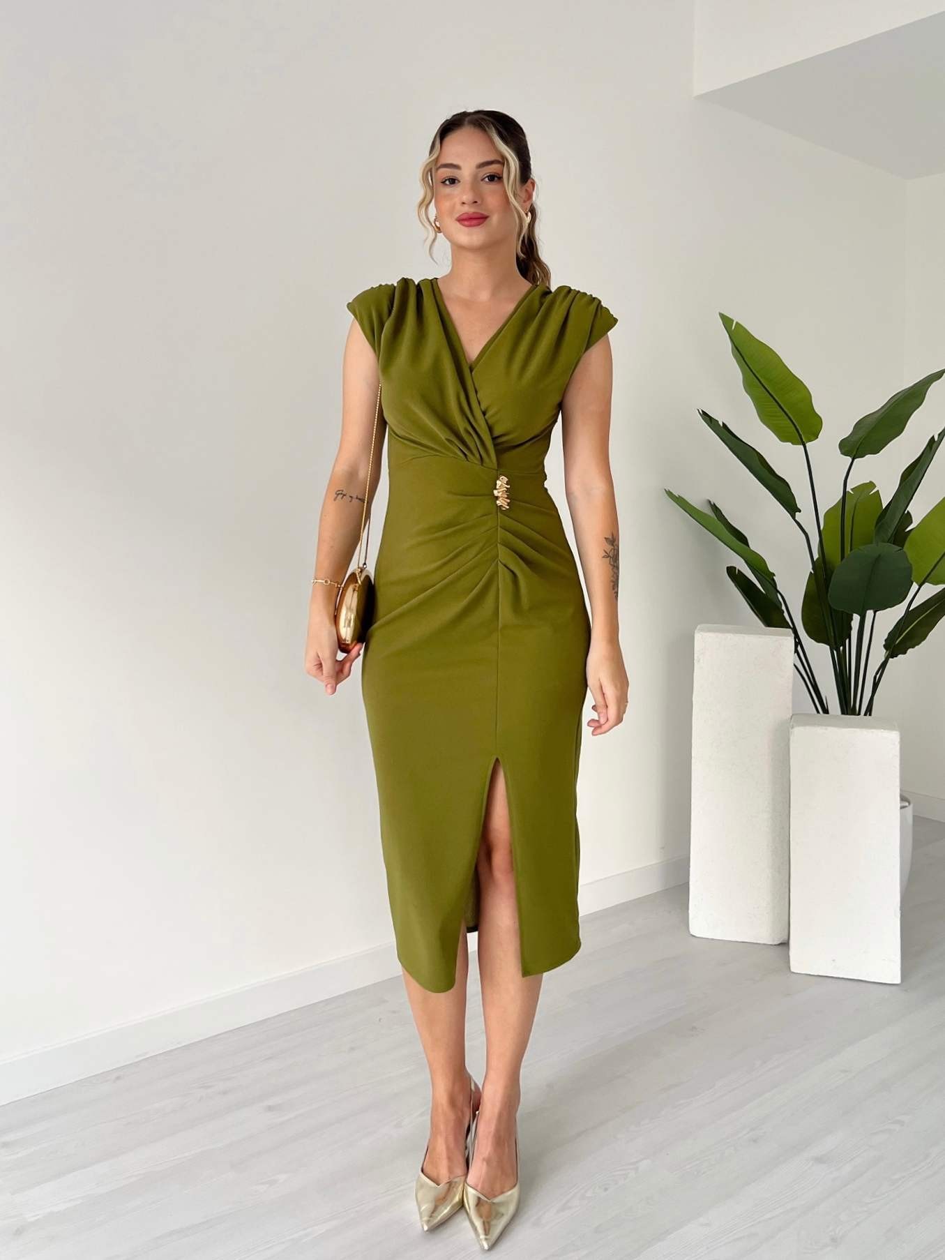 Broş Detaylı Kruvaze Yaka JERSEY Elbise - Olive Yeşil