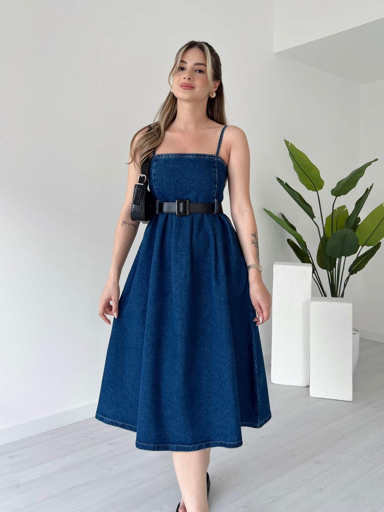 Askılı Denim Elbise - Koyu Mavi