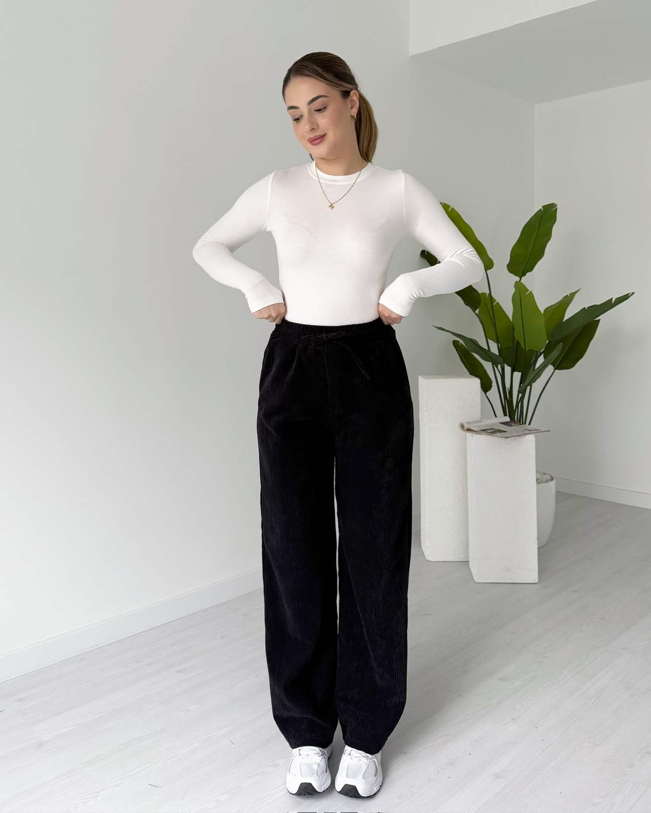 Fitilli Palazzo Kadife Pantolon - Siyah