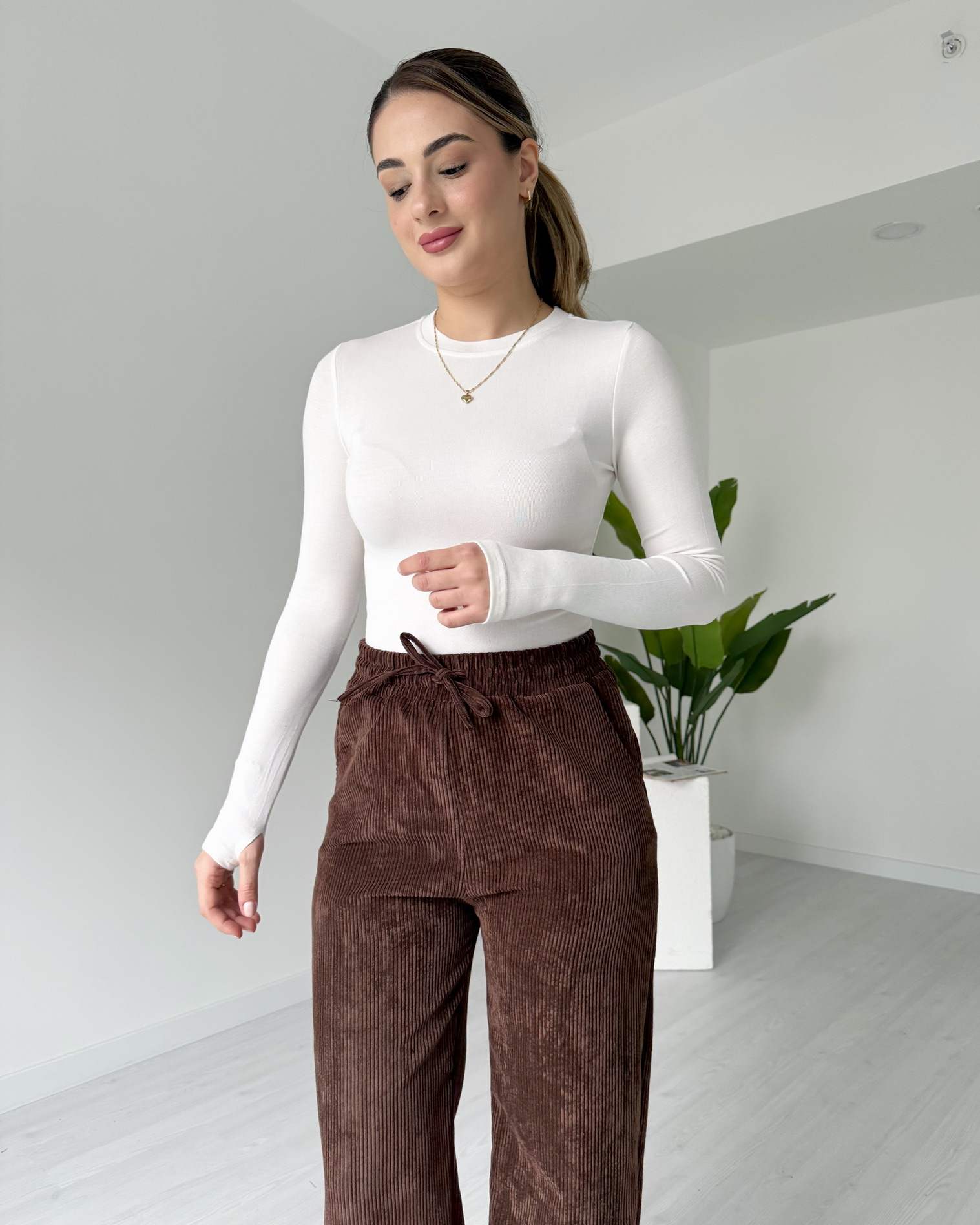 Fitilli Palazzo Kadife Pantolon - Kahve