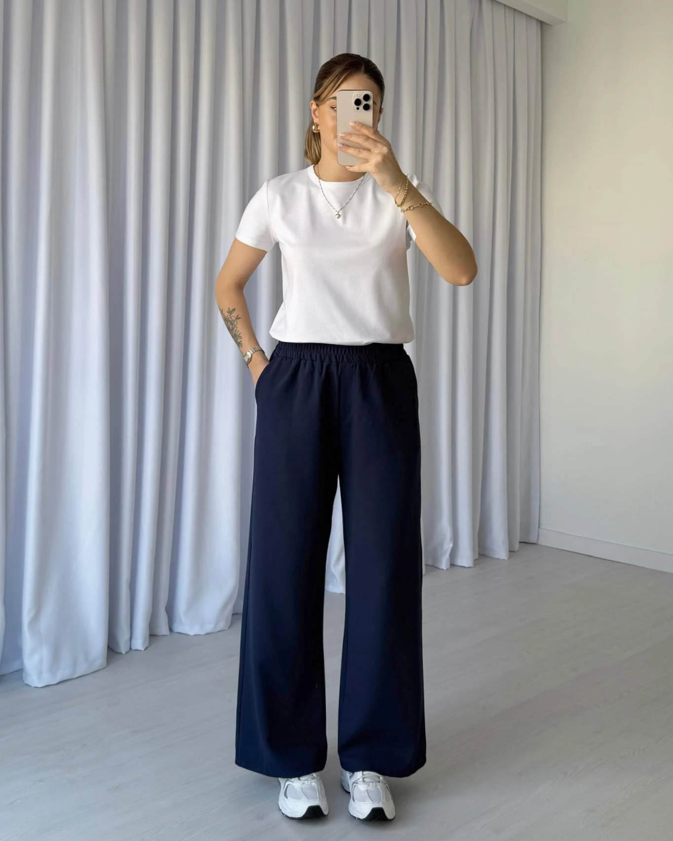 Bol Paça Beli Lastikli Kumaş Pantolon - Lacivert