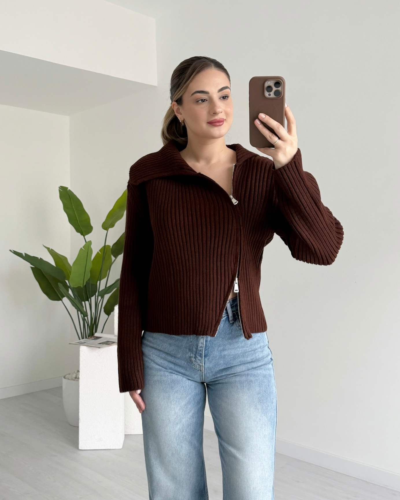 Şal Yaka Asimetrik Fermuarlı Kazak - Kahve