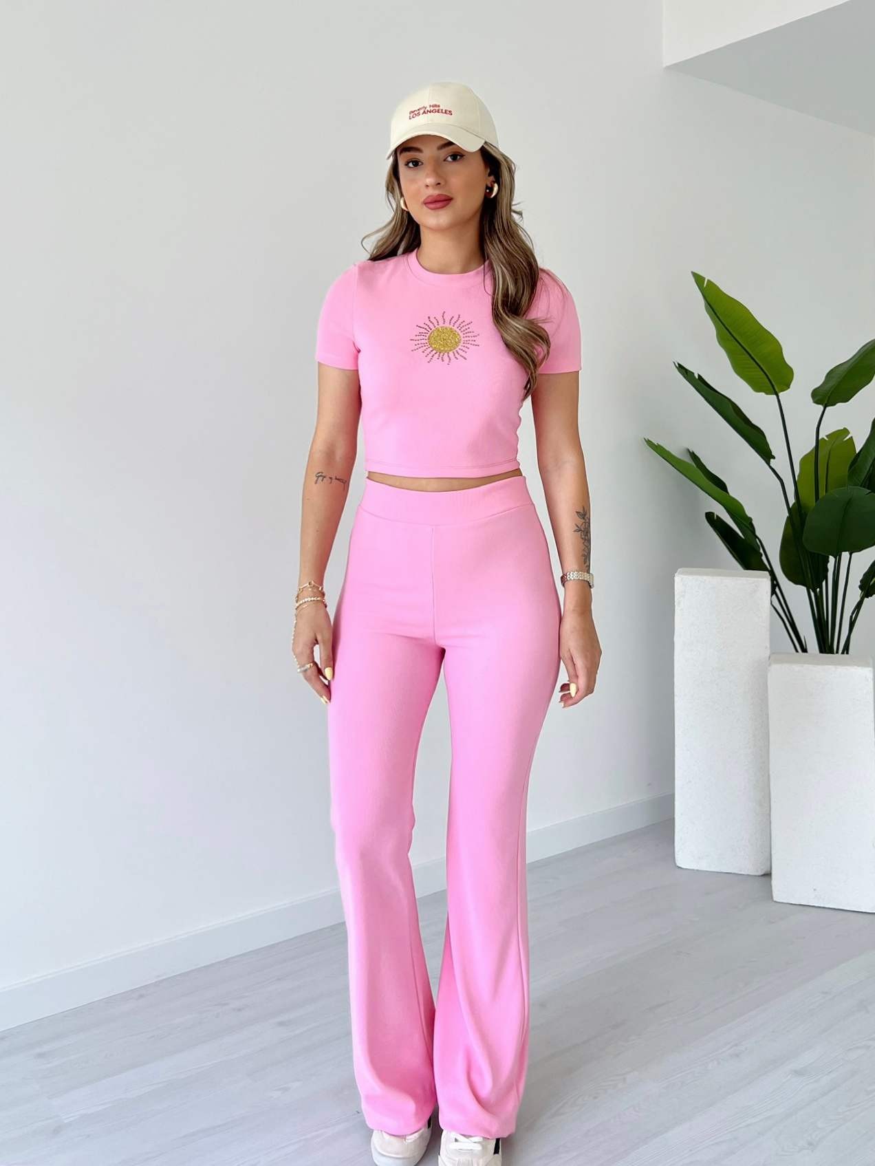 Simli Güneş Baskılı Crop Takım - Pembe