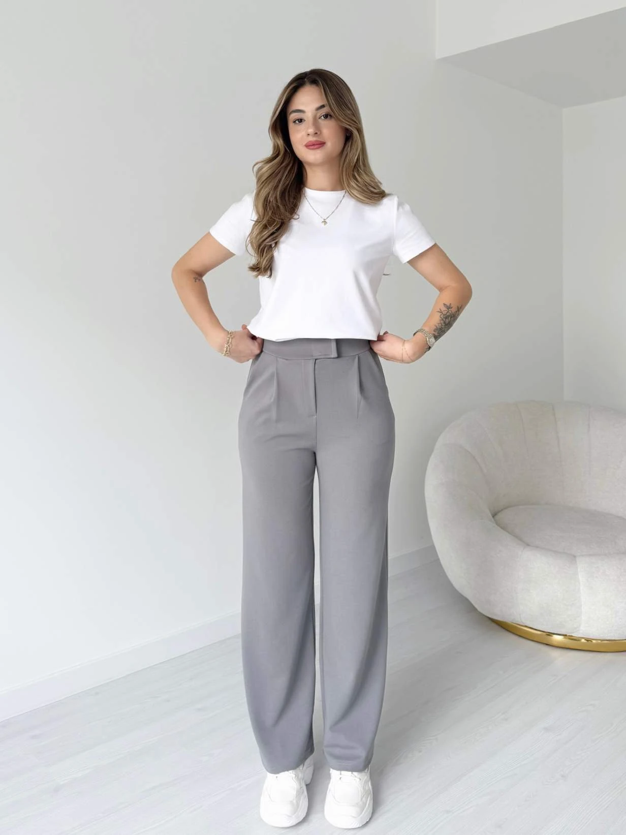 Cırtlı Palazzo Pantolon - Gri