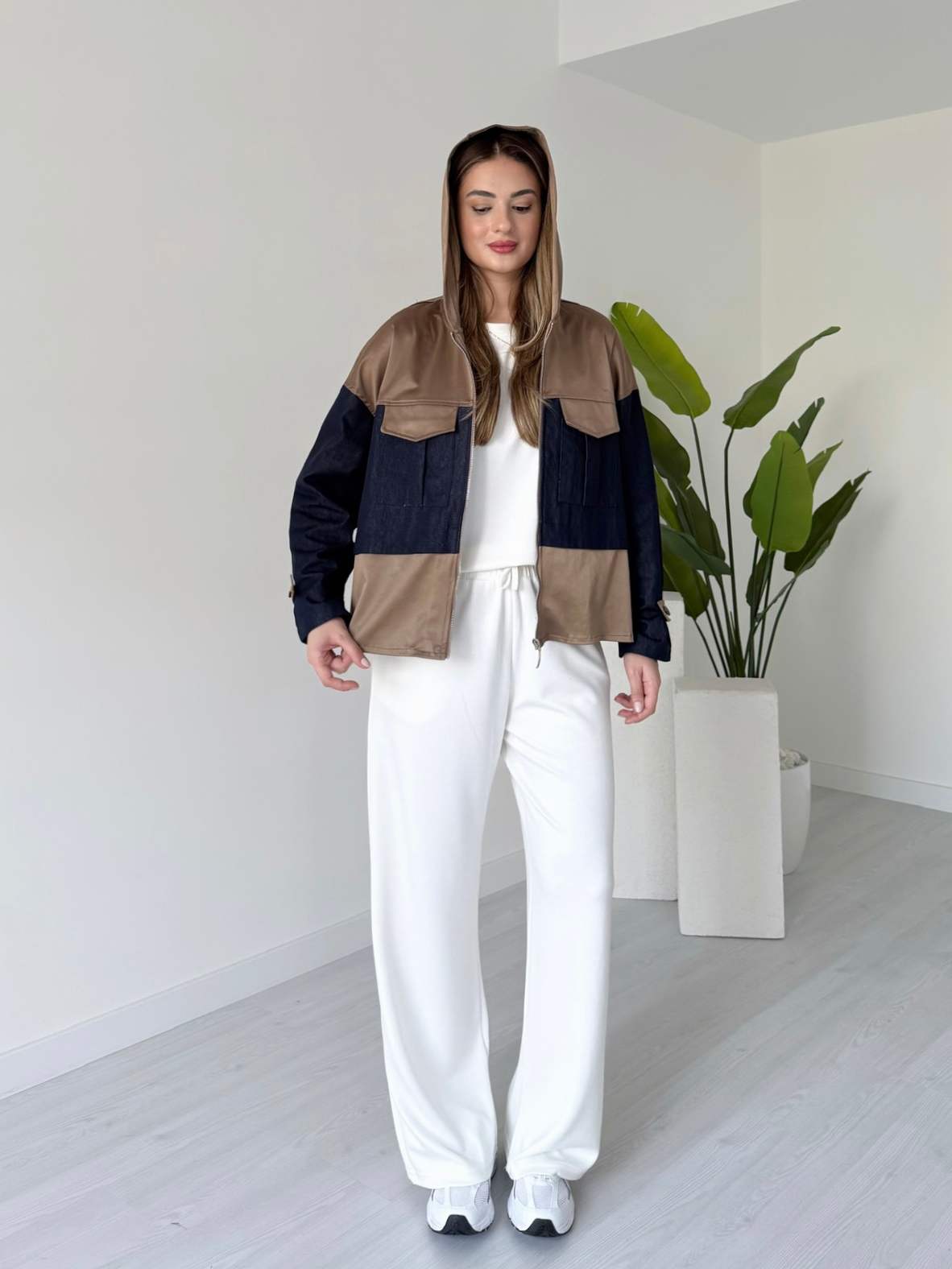 Denim Garnili Kapüşonlu Mont