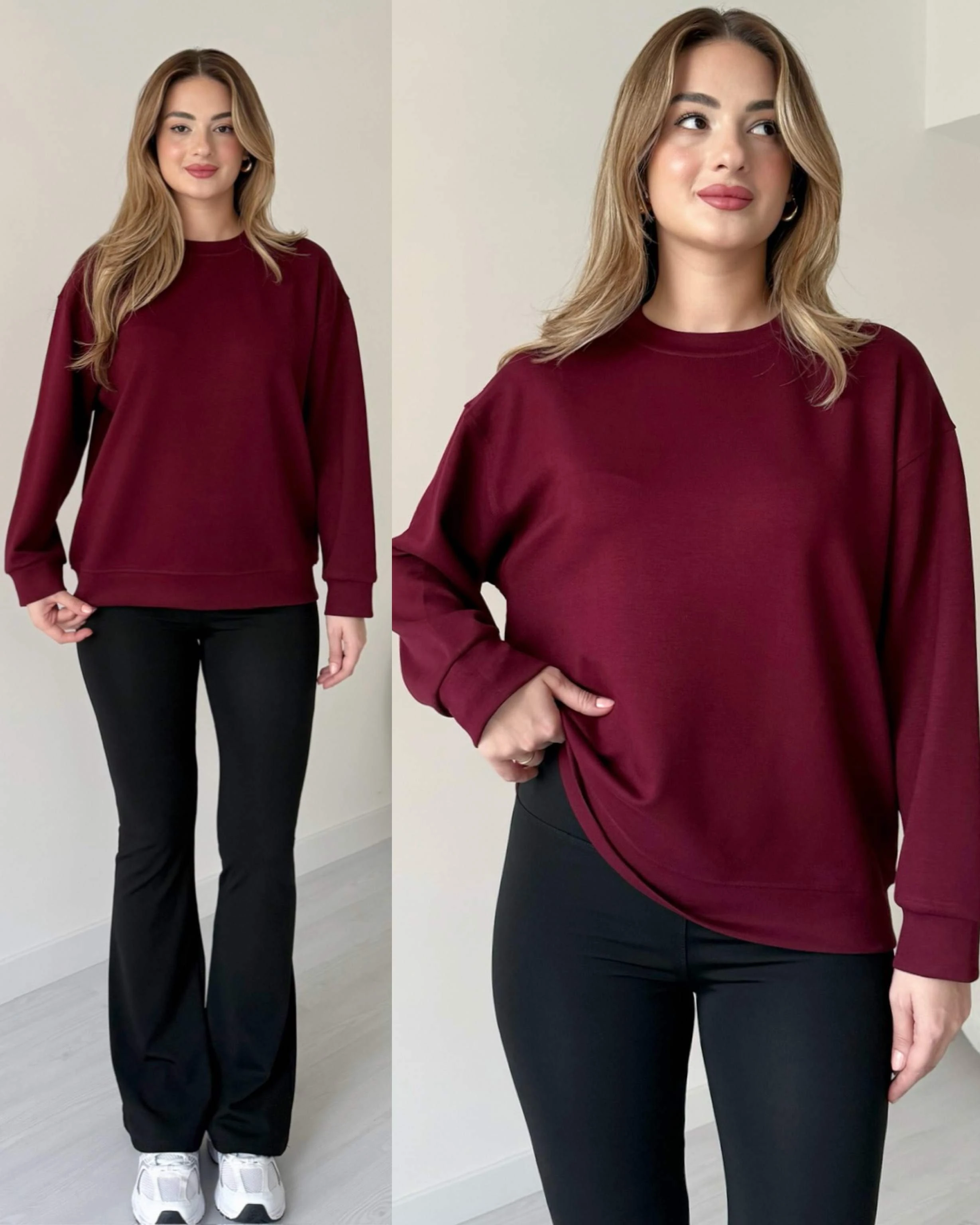 Modal Kumaş Oversize Basic Sweatshirt - Bordo