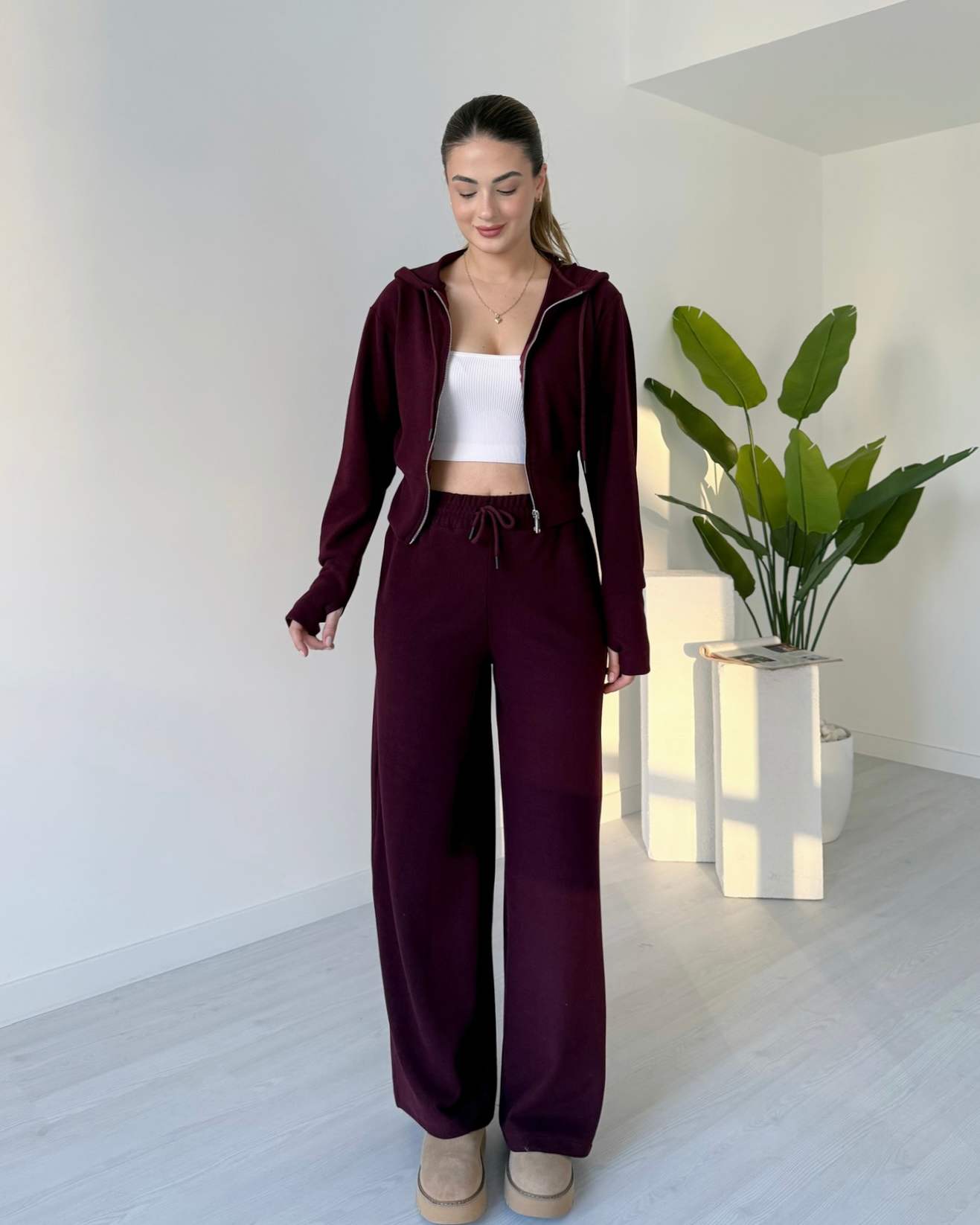 Selanik Kumaş Parmak Geçmeli İkili Takım - Bordo