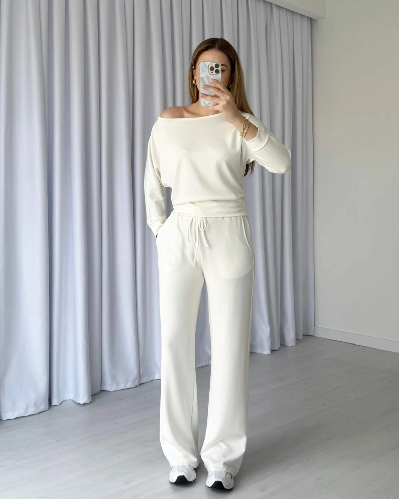 Kayık Yaka İkili Modal Takım - Beyaz