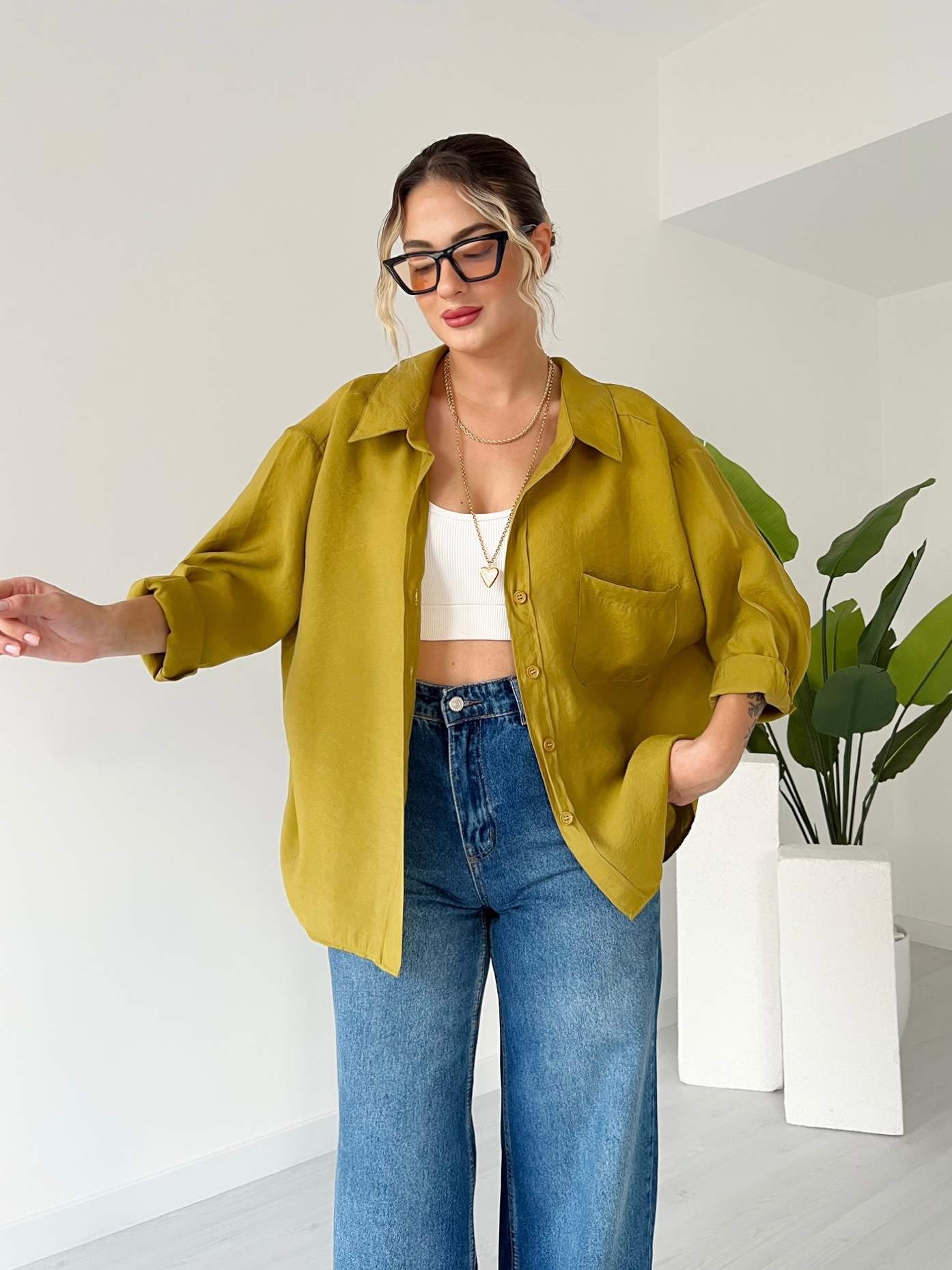 Düşük Omuz Pamuklu Oversize Gömlek - Olive Yeşil