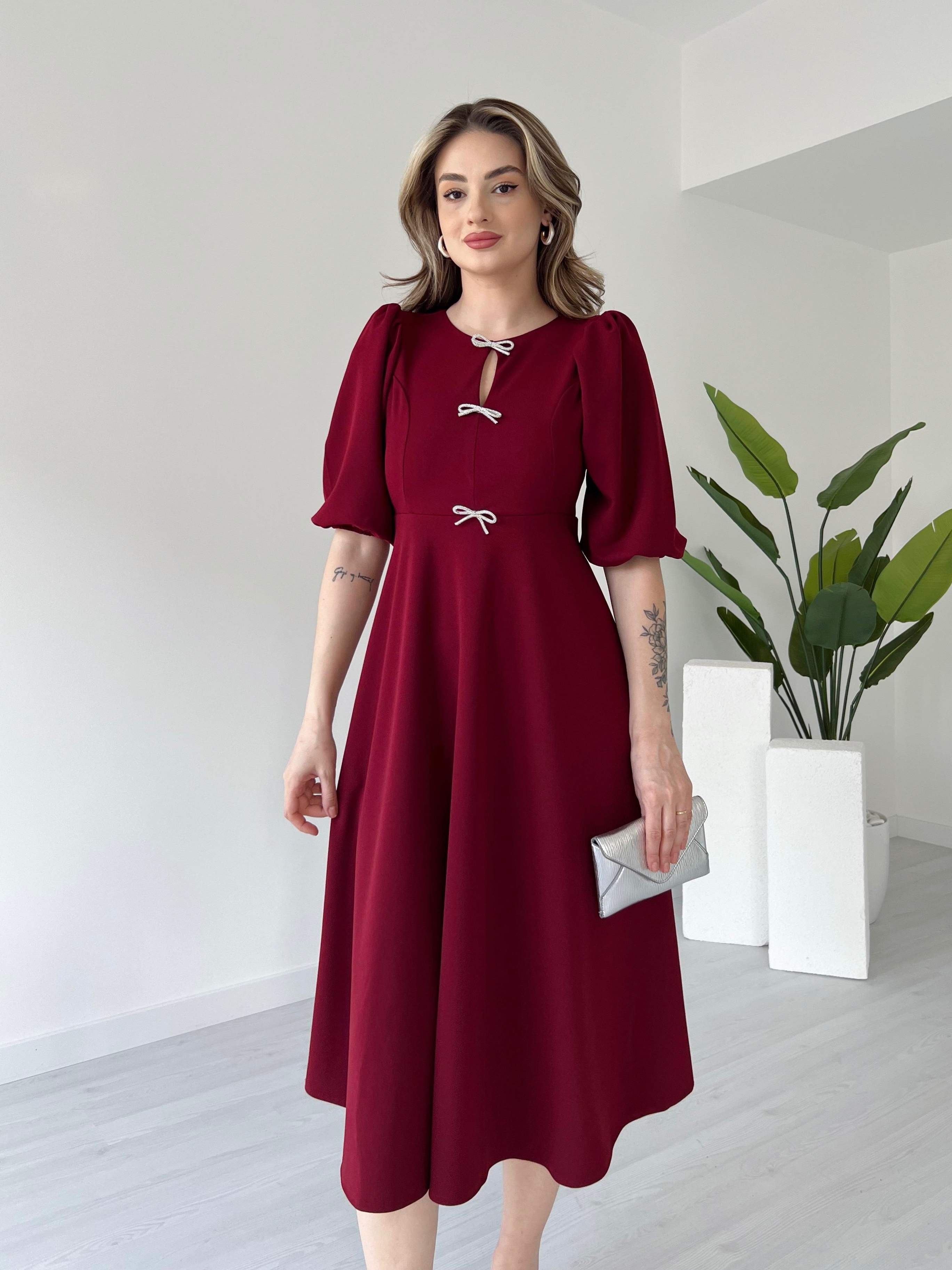 Fiyonk Detaylı Midi Boy Elbise - Bordo