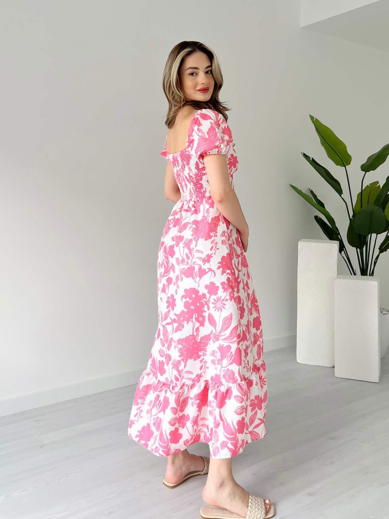 Pembe Çiçekli Poplin Elbise