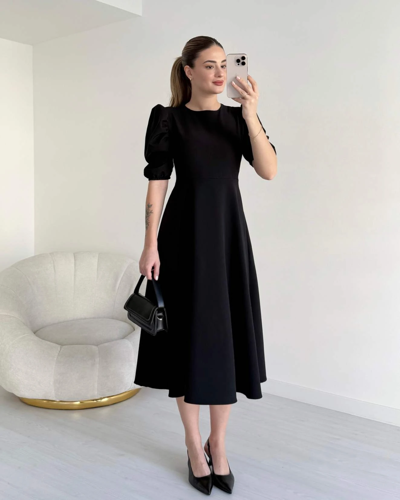 Prenses Kol HEIDI Elbise - Siyah