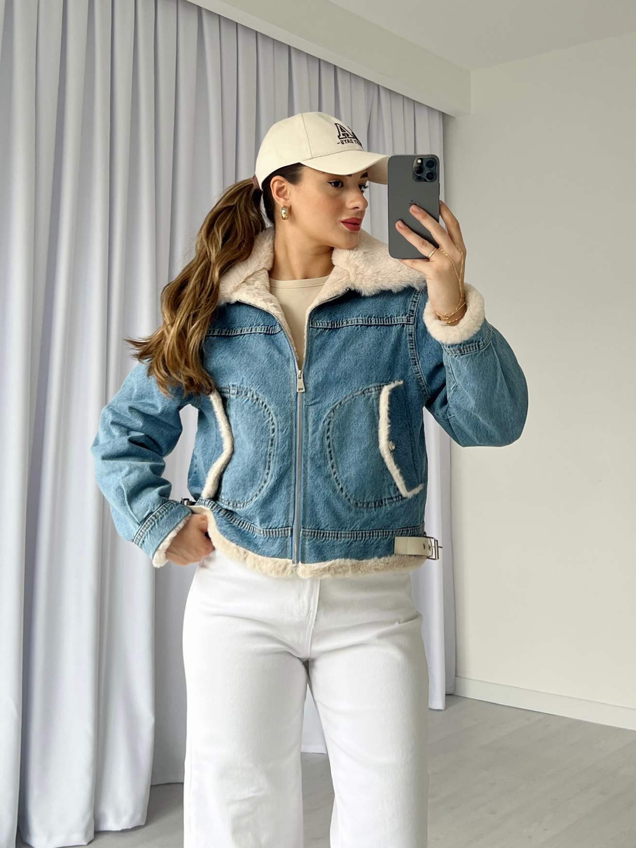 İçi Peluşlu Denim Ceket - Mavi