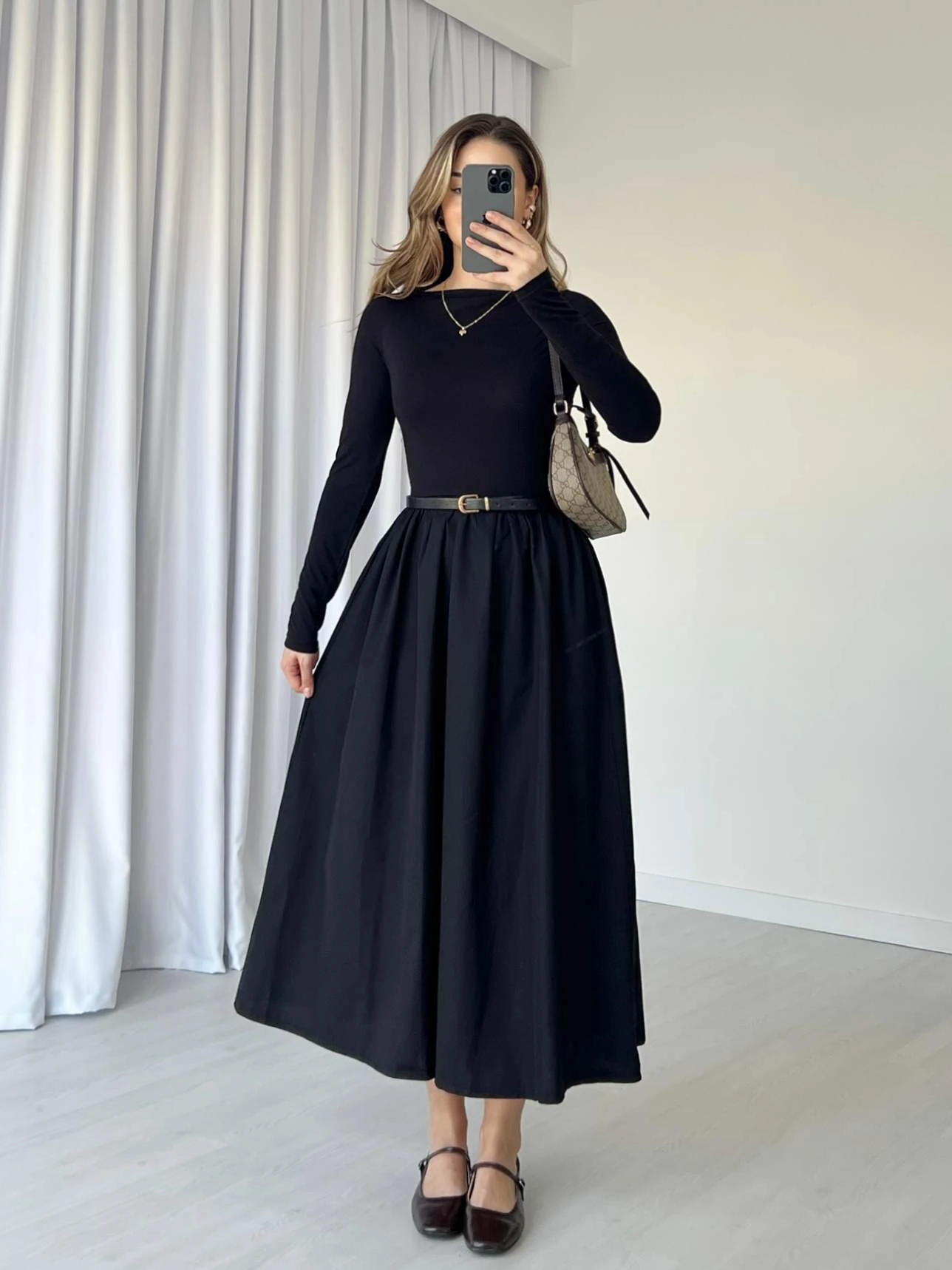 Eteği Poplin Uzun Kollu Elbise