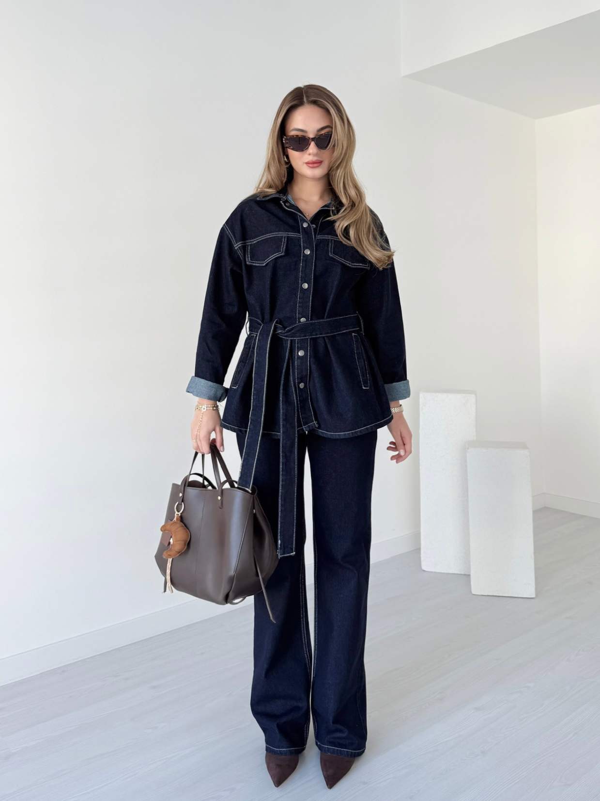 Kuşaklı Denim Ceket Pantolon Takım