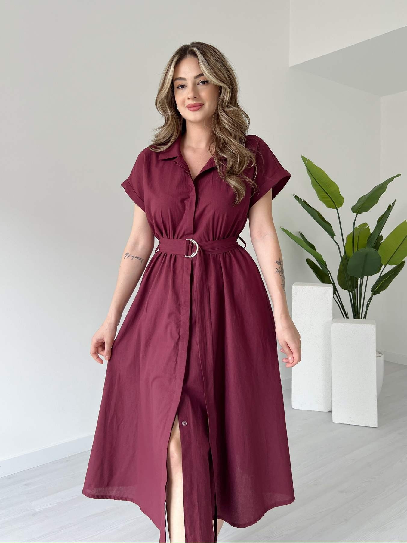 Önü Düğmeli Kuşaklı Poplin Elbise - Bordo