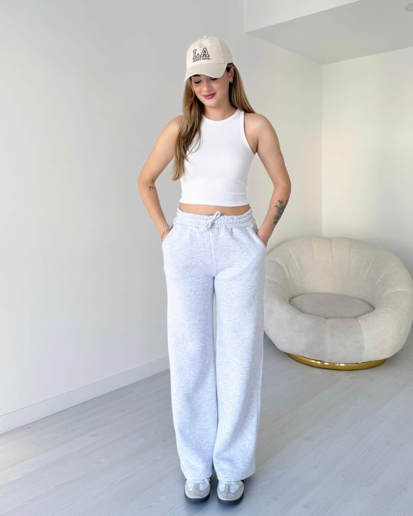 içi Polarlı Bol Paça Eşofman Altı - Gri Melanj