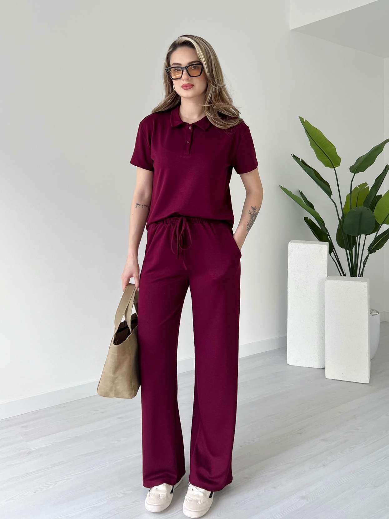 Polo Yaka Kısa Kollu Casual Takım - Bordo