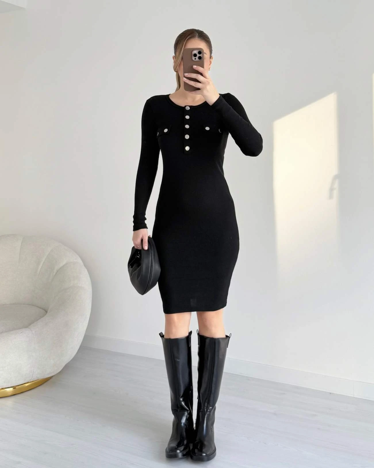 Düğme Detaylı Uzun Kol Penye Elbise