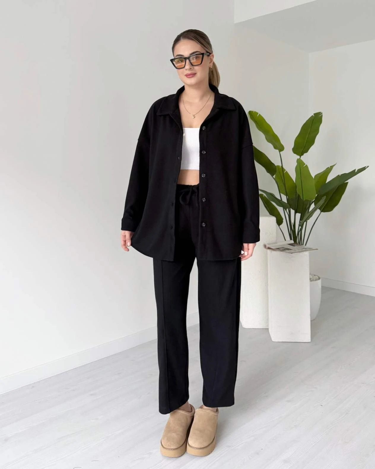 Kısa Paça Gömlekli Oversize Takım - Siyah