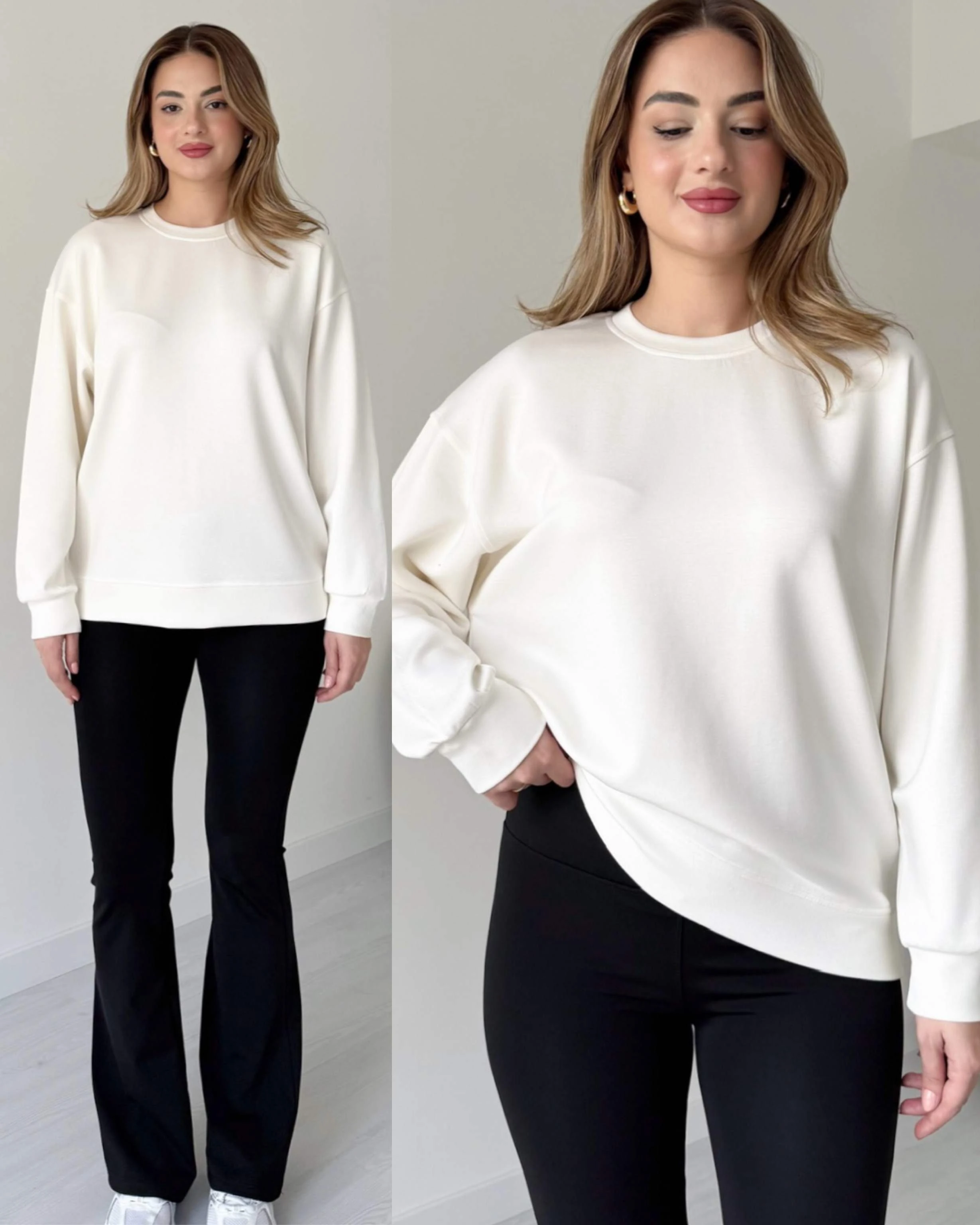 Modal Kumaş Oversize Basic Sweatshirt - Beyaz
