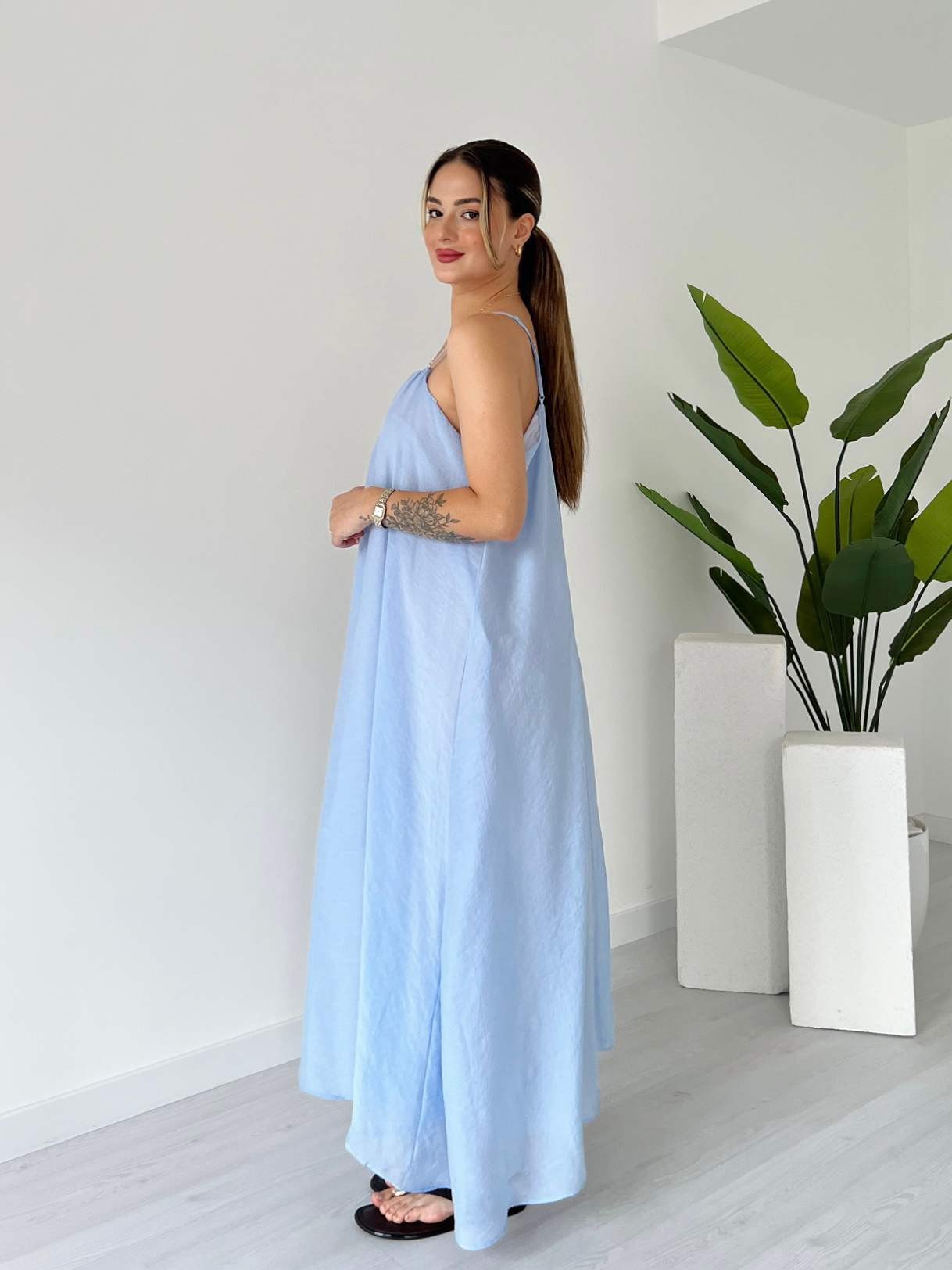 İp Askılı Astarlı Maxi Elbise - Bebe Mavi