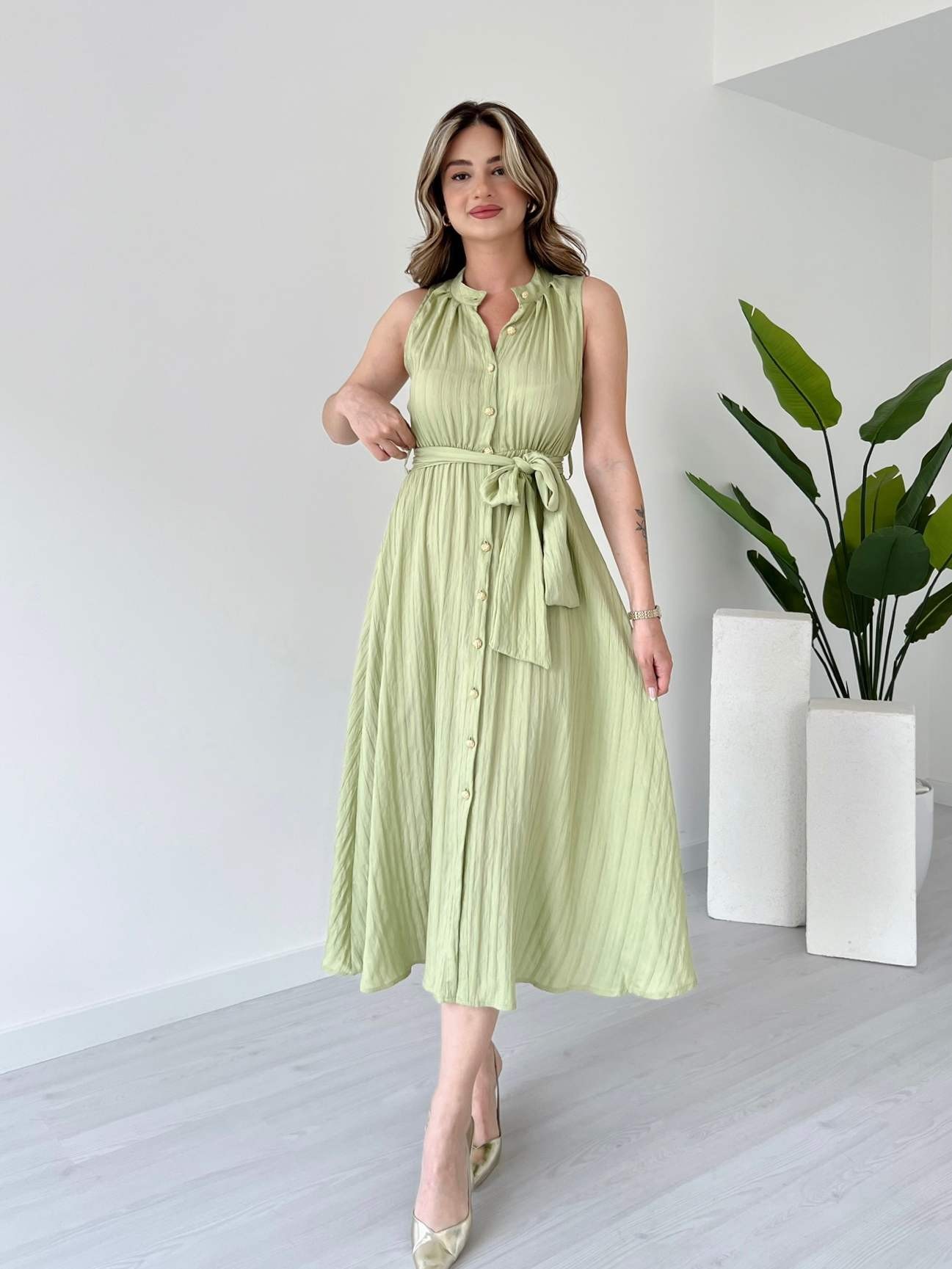 Sıfır Kol Gold Düğmeli HEIDI Elbise - Limon Yeşili