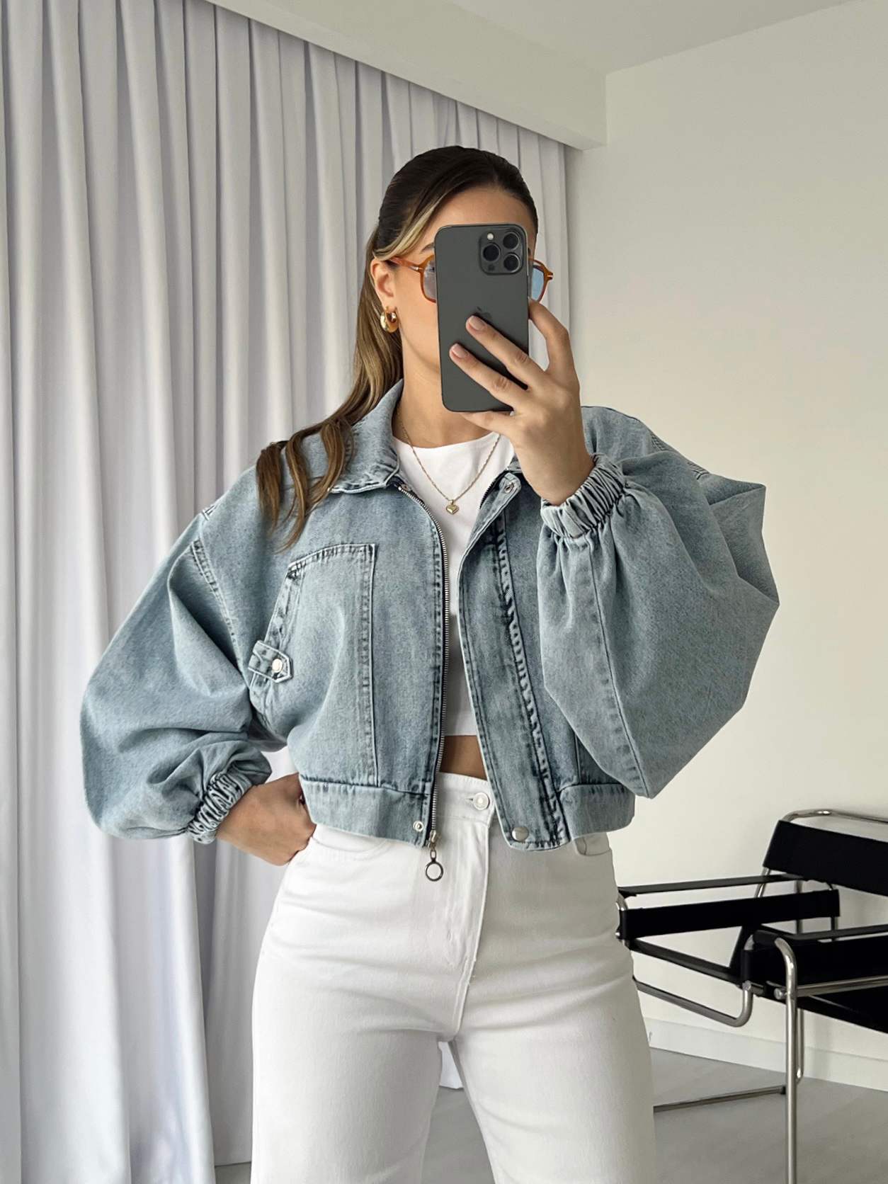 Balon Kol Crop Denim Mont