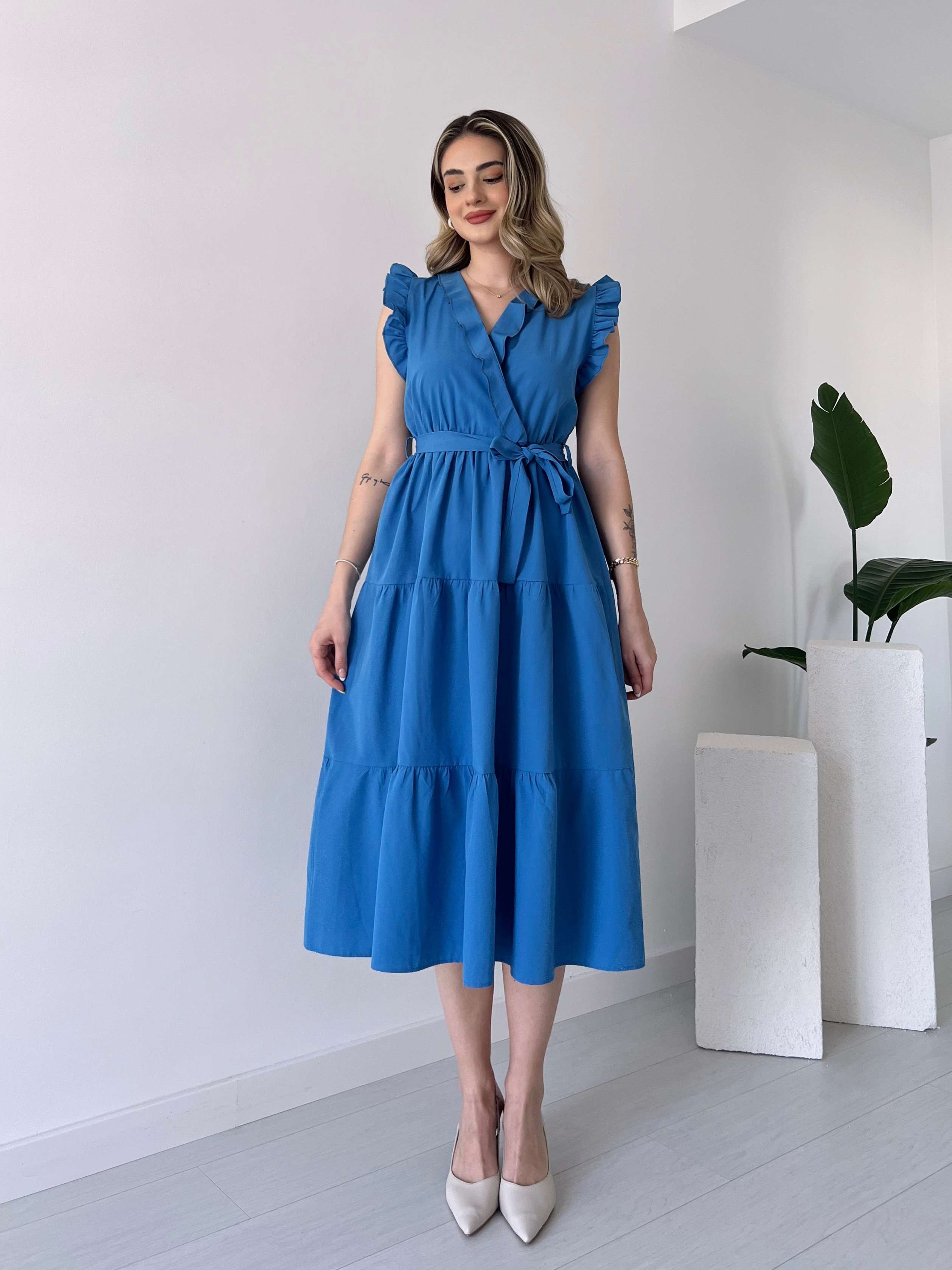 Omuz Detaylı CLARA Poplin Elbise - Mavi