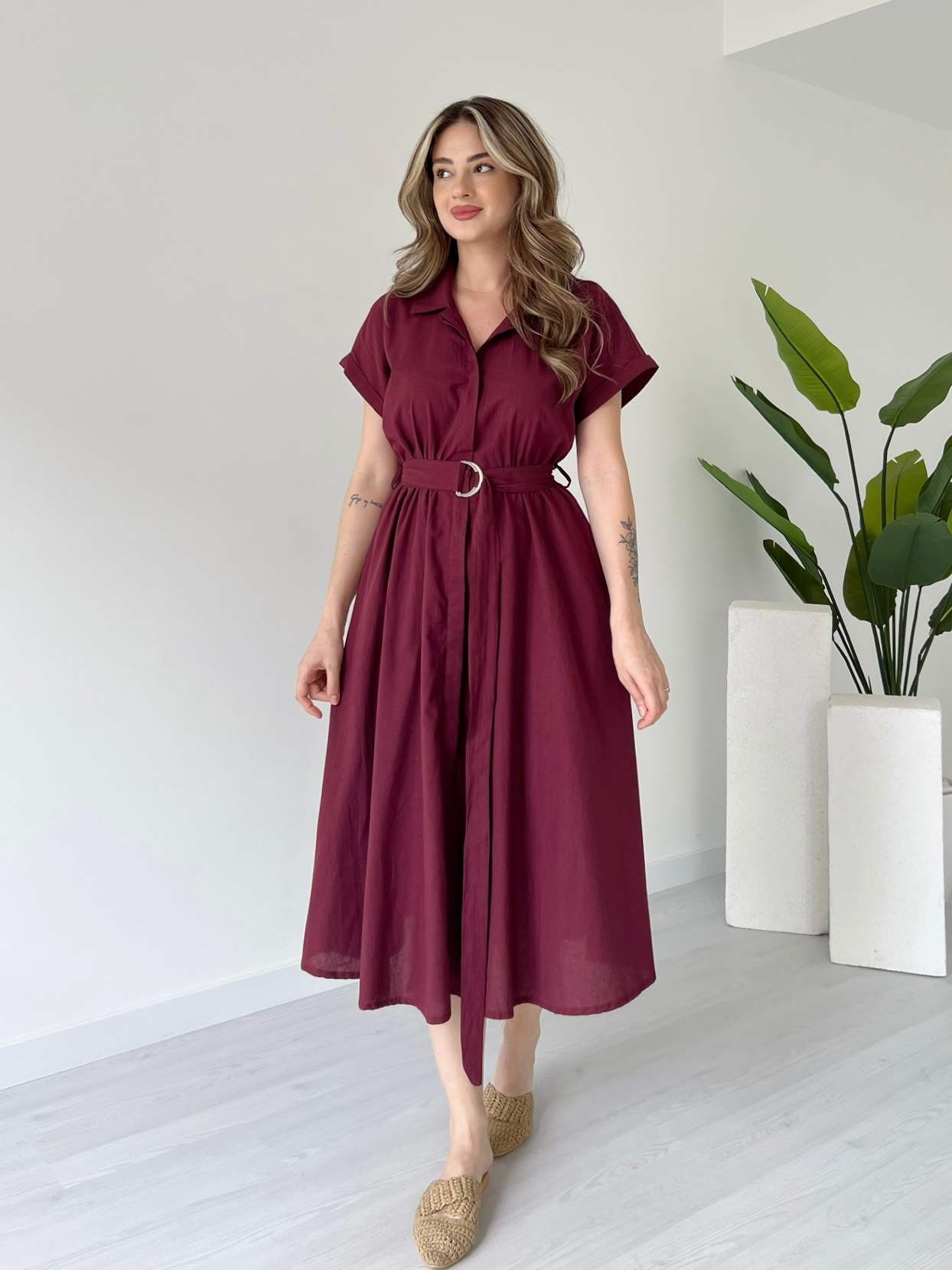 Önü Düğmeli Kuşaklı Poplin Elbise - Bordo