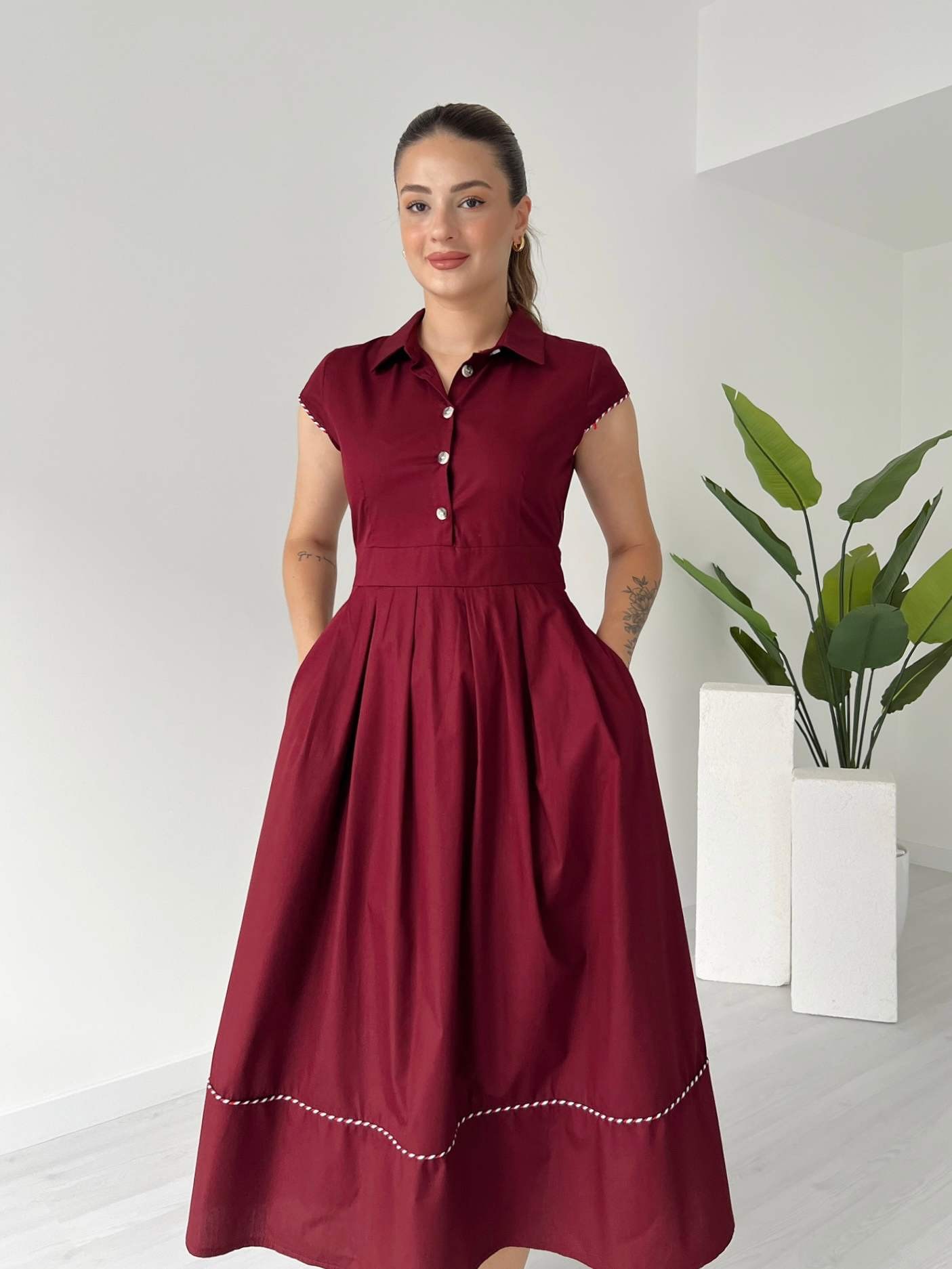 Renkli Dikişli Midi Boy Poplin Elbise - Bordo