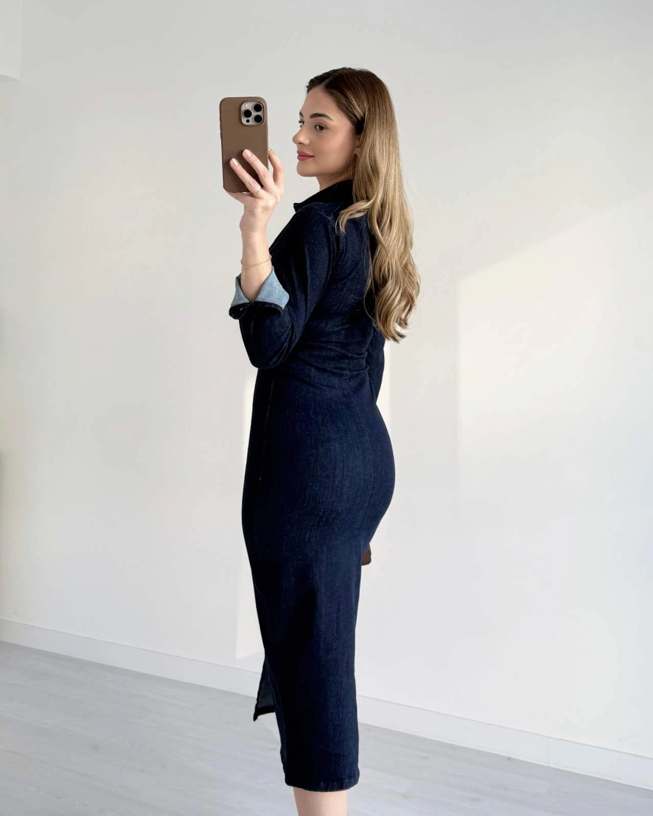 Midi Boy Likralı Denim Elbise