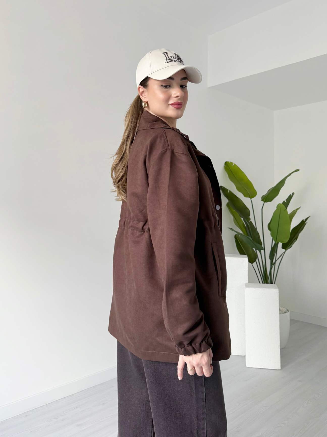 Acı Kahve Beli Büzgülü Süet Mont