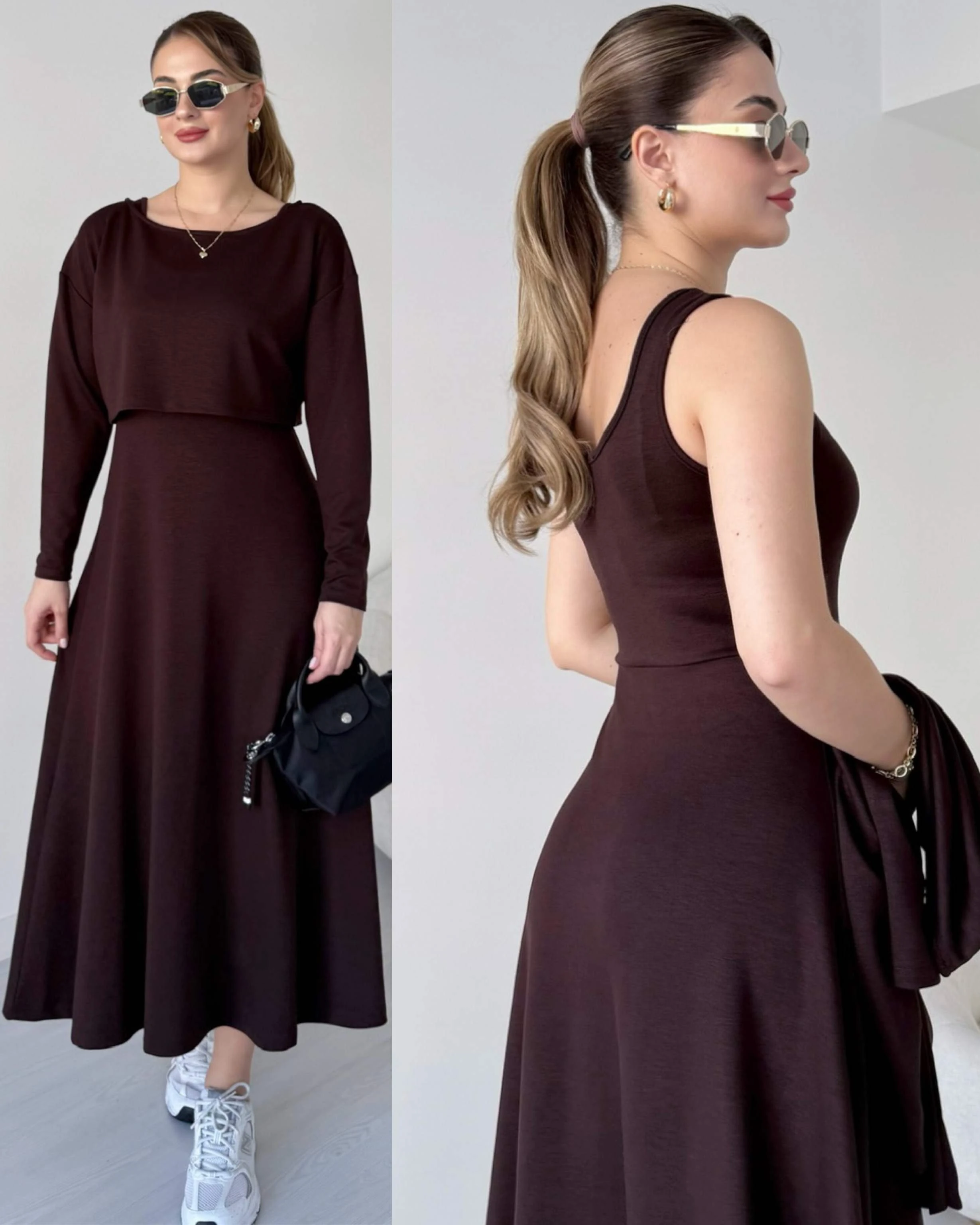 Elbise - Bluz İkili Takım - Kahve