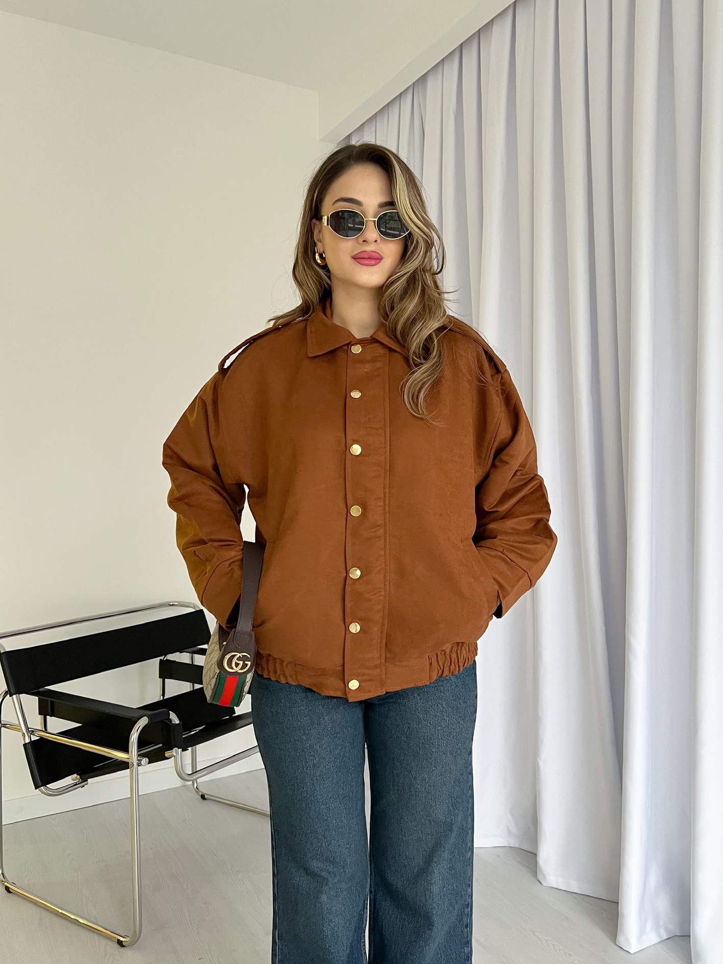Apoletli Süet Bomber Ceket