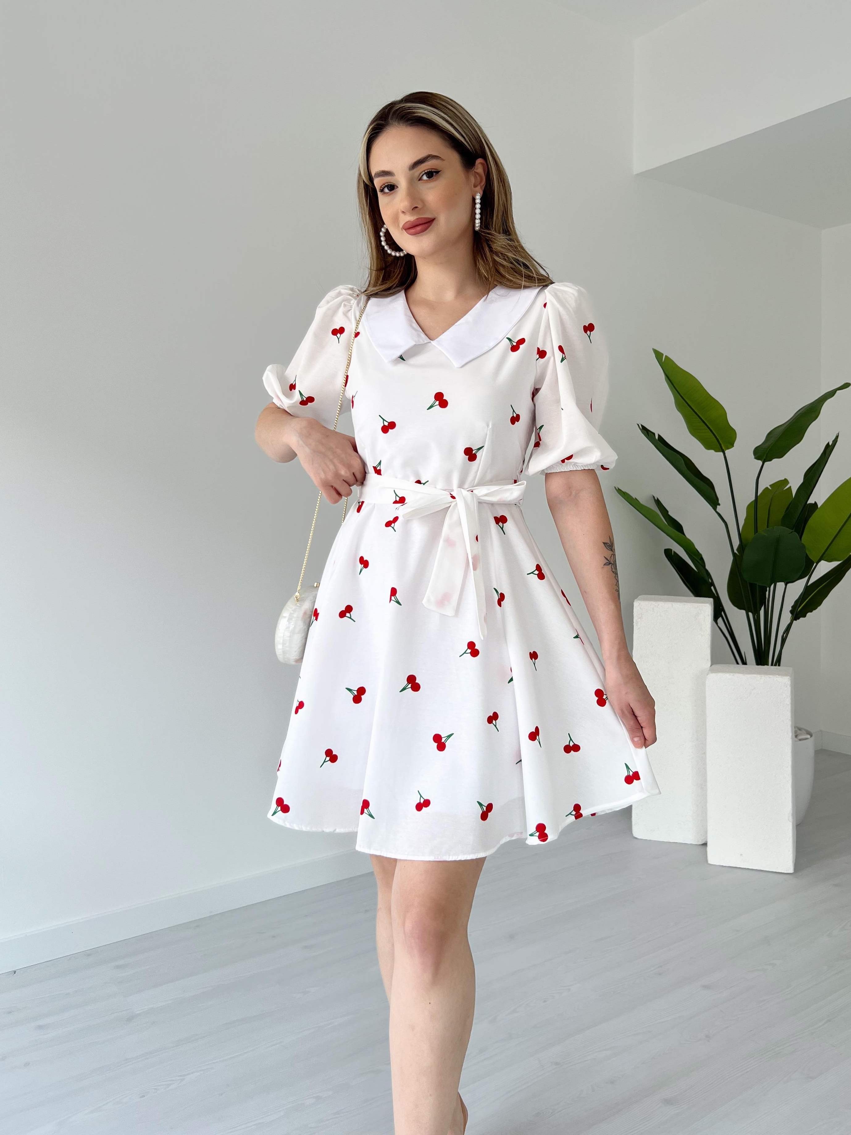 Bebe Yaka Desenli Poplin Elbise - Kiraz Desenli