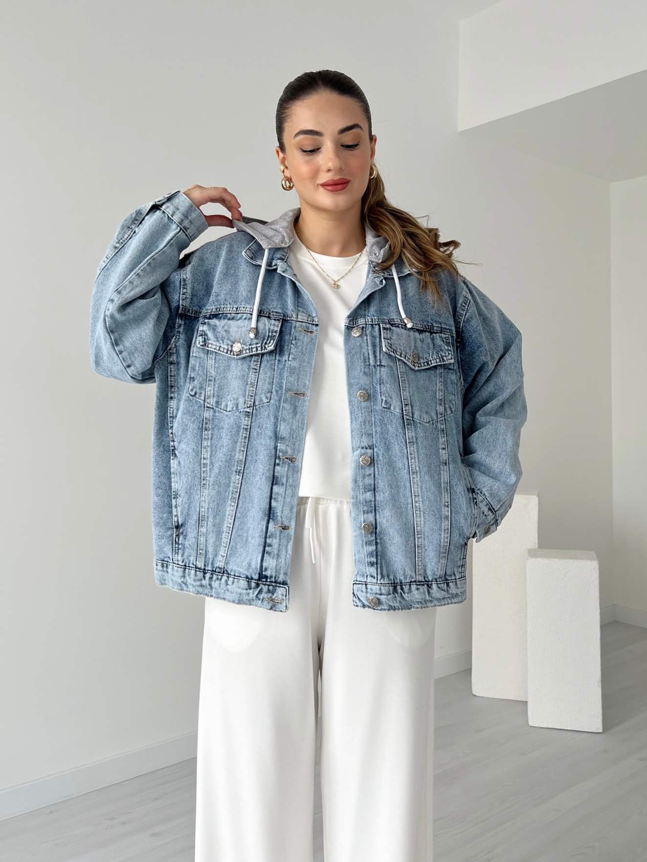 Kapüşonlu Oversize Denim Ceket