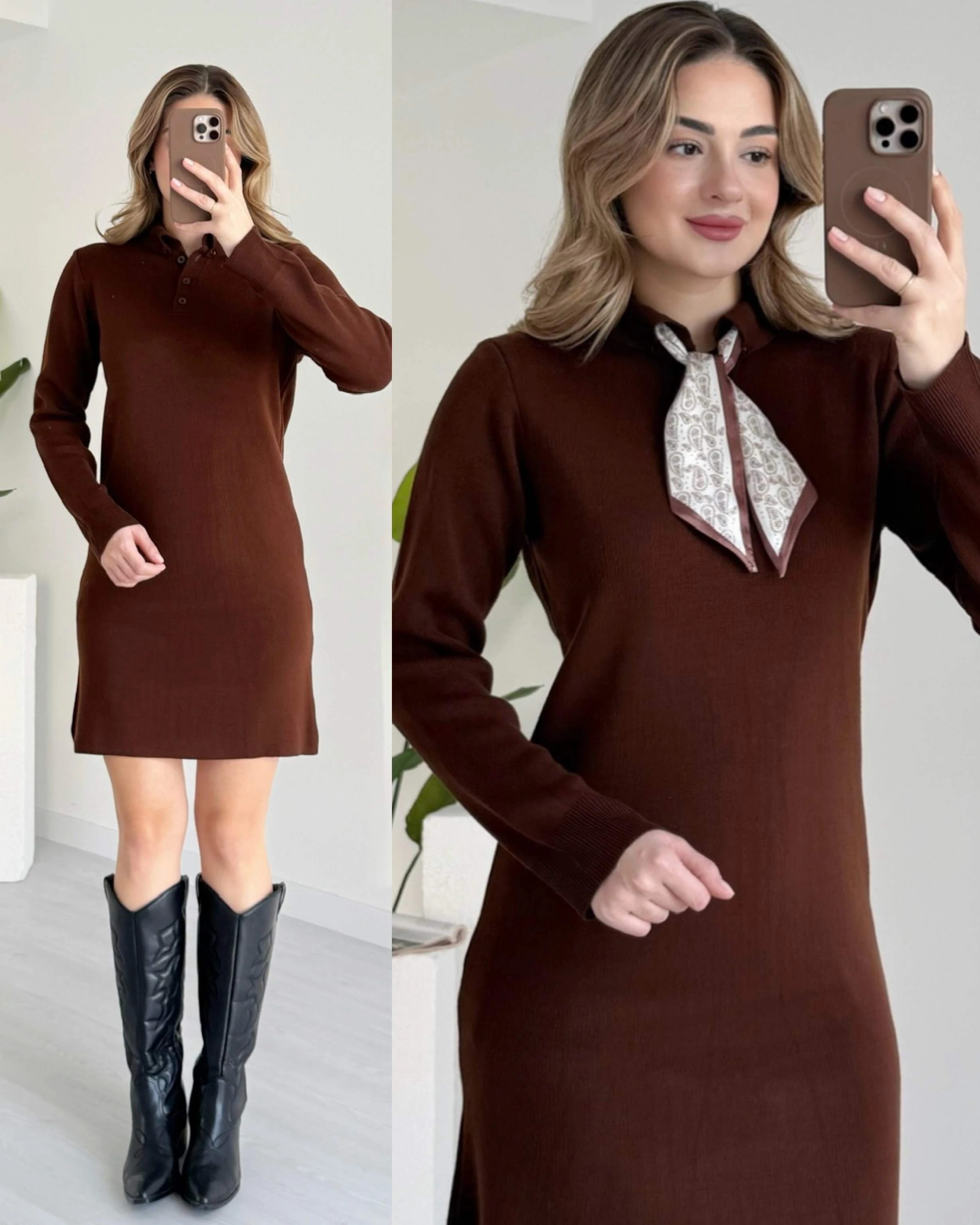 Fularlı Polo Yaka Triko Elbise - Kahve